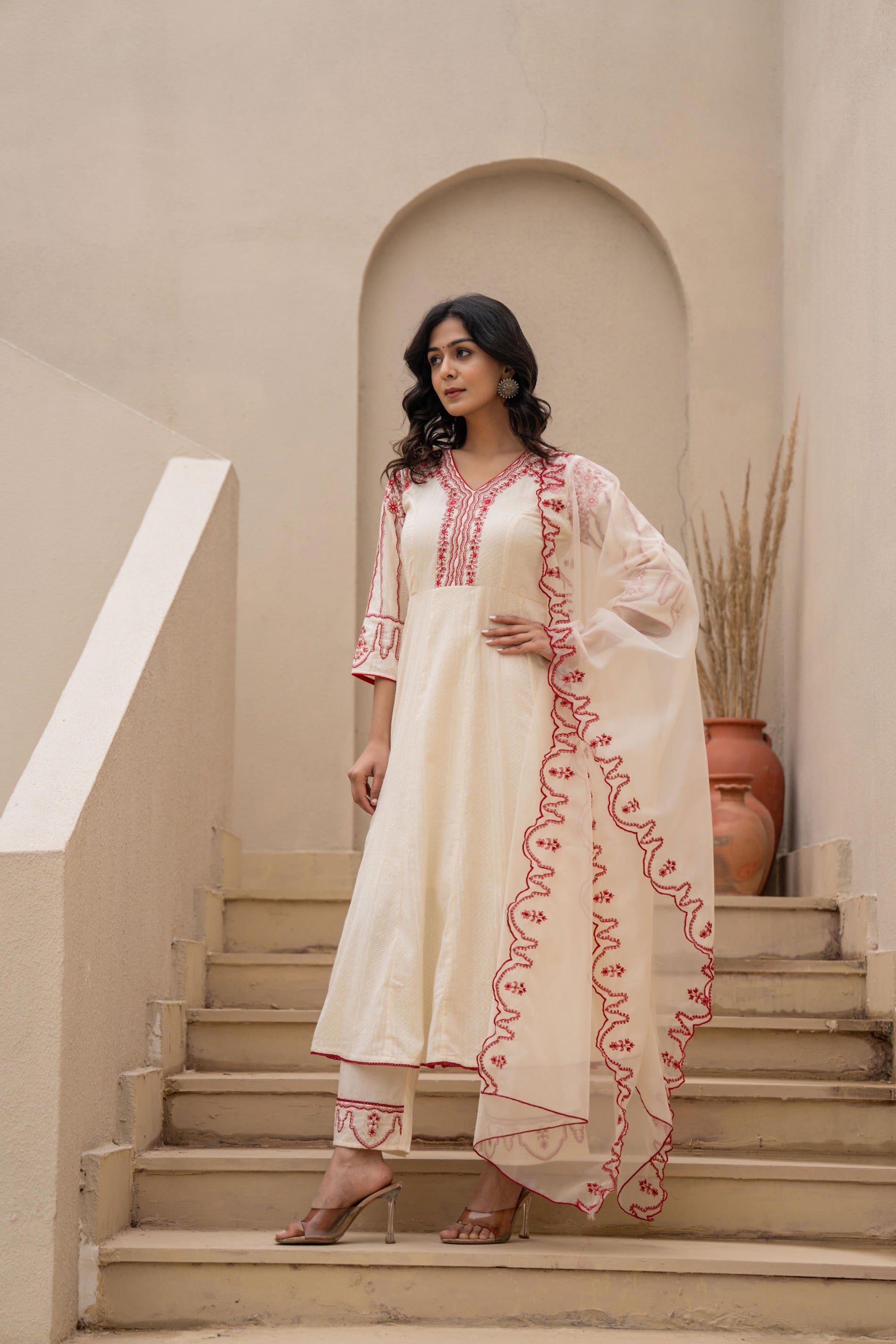 Off-white Anarkali Kurta Set with Red Embroidery and Organza Dupatta