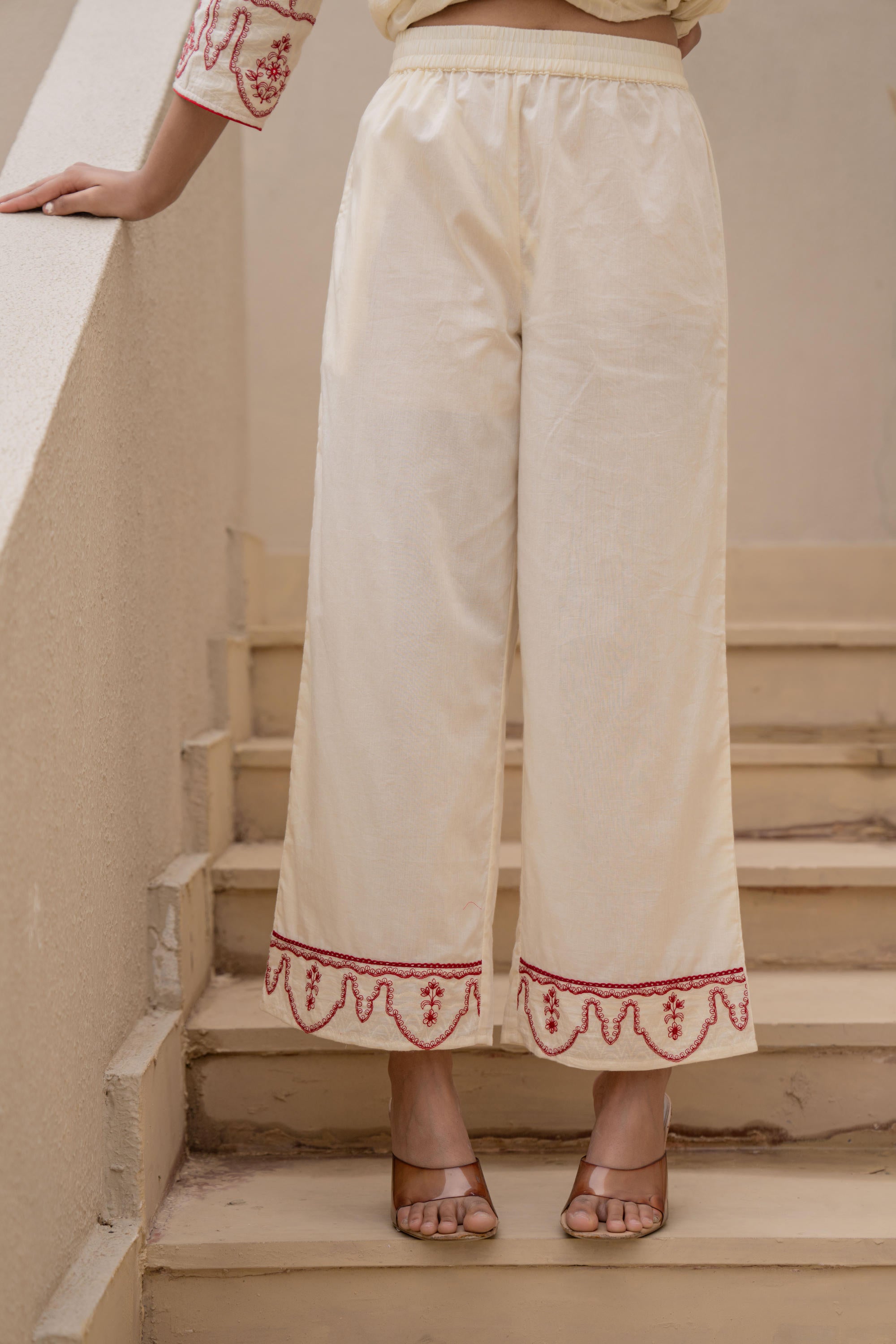 Off-white Anarkali Kurta Set with Red Embroidery and Organza Dupatta