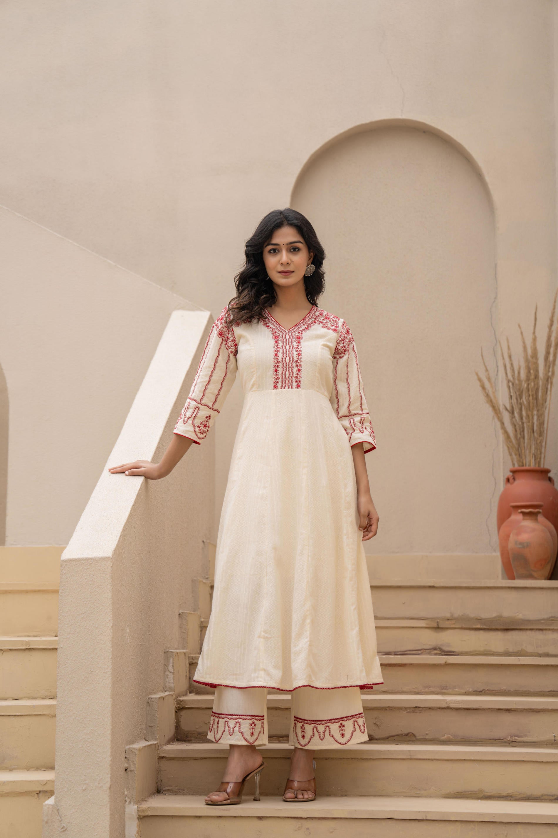 Off-white Anarkali Kurta Set with Red Embroidery and Organza Dupatta
