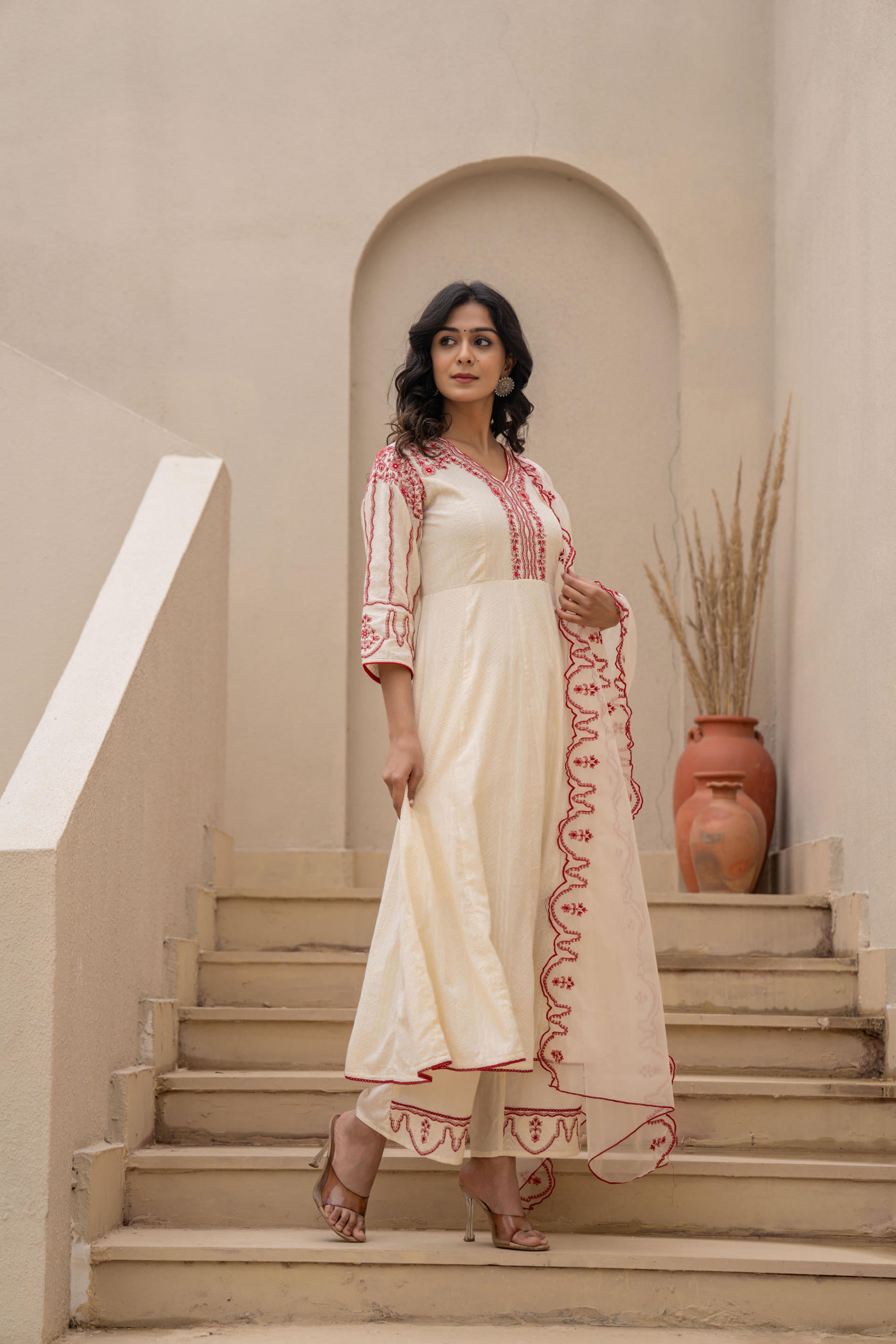 Off-white Anarkali Kurta Set with Red Embroidery and Organza Dupatta
