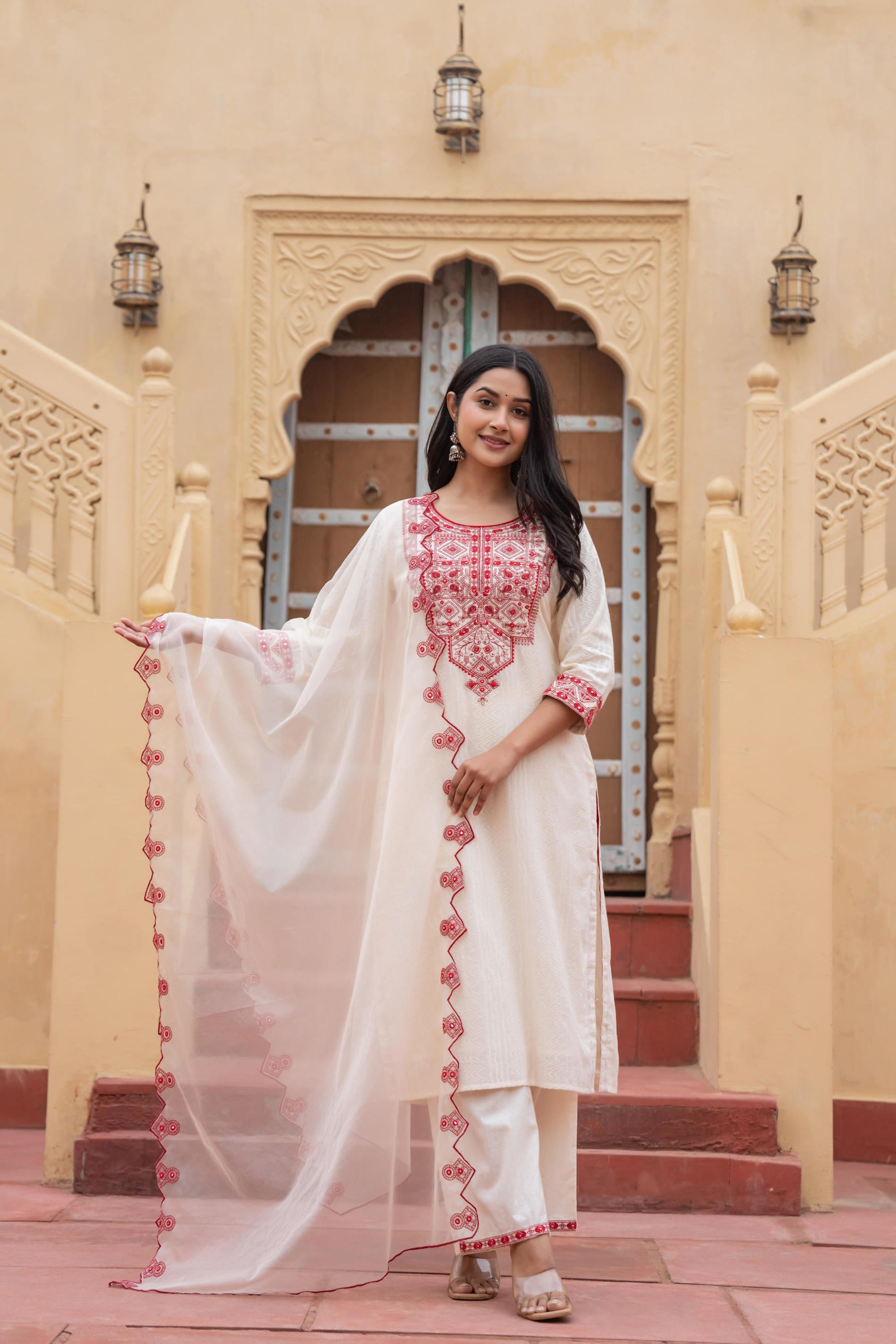 Off White & Red Solid Cotton Kurta & Pant Set With Dupatta