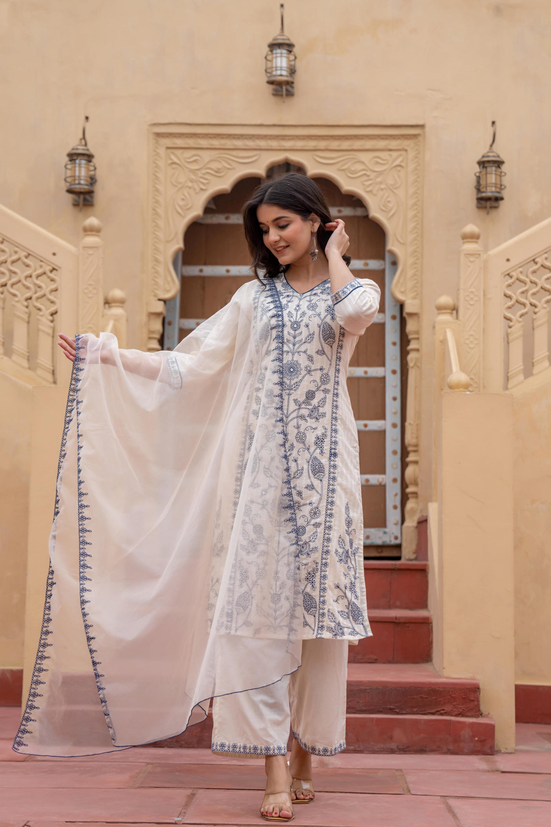 Off White & Indigo Blue Floral Embroidered Ethnic Suit Set with Dupatta