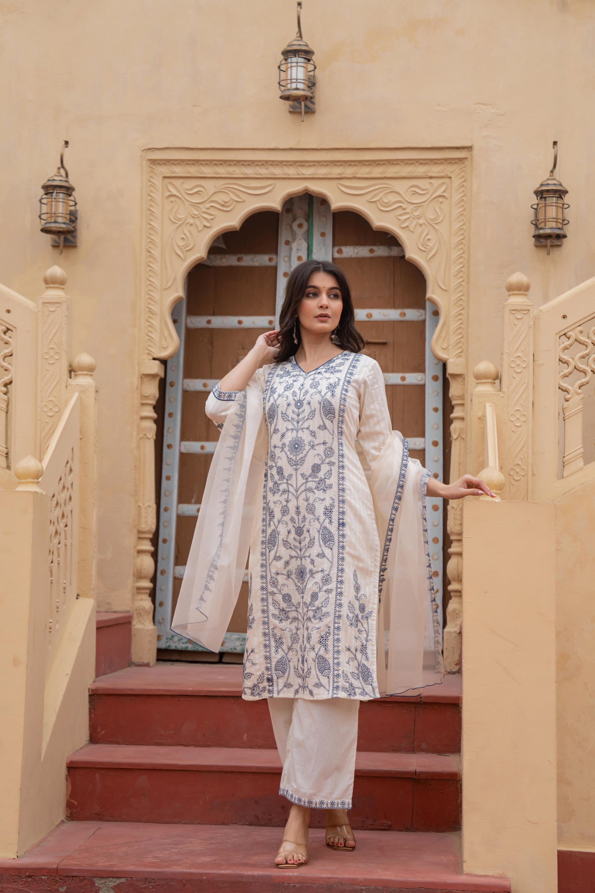 Off White & Indigo Blue Floral Embroidered Ethnic Suit Set with Dupatta
