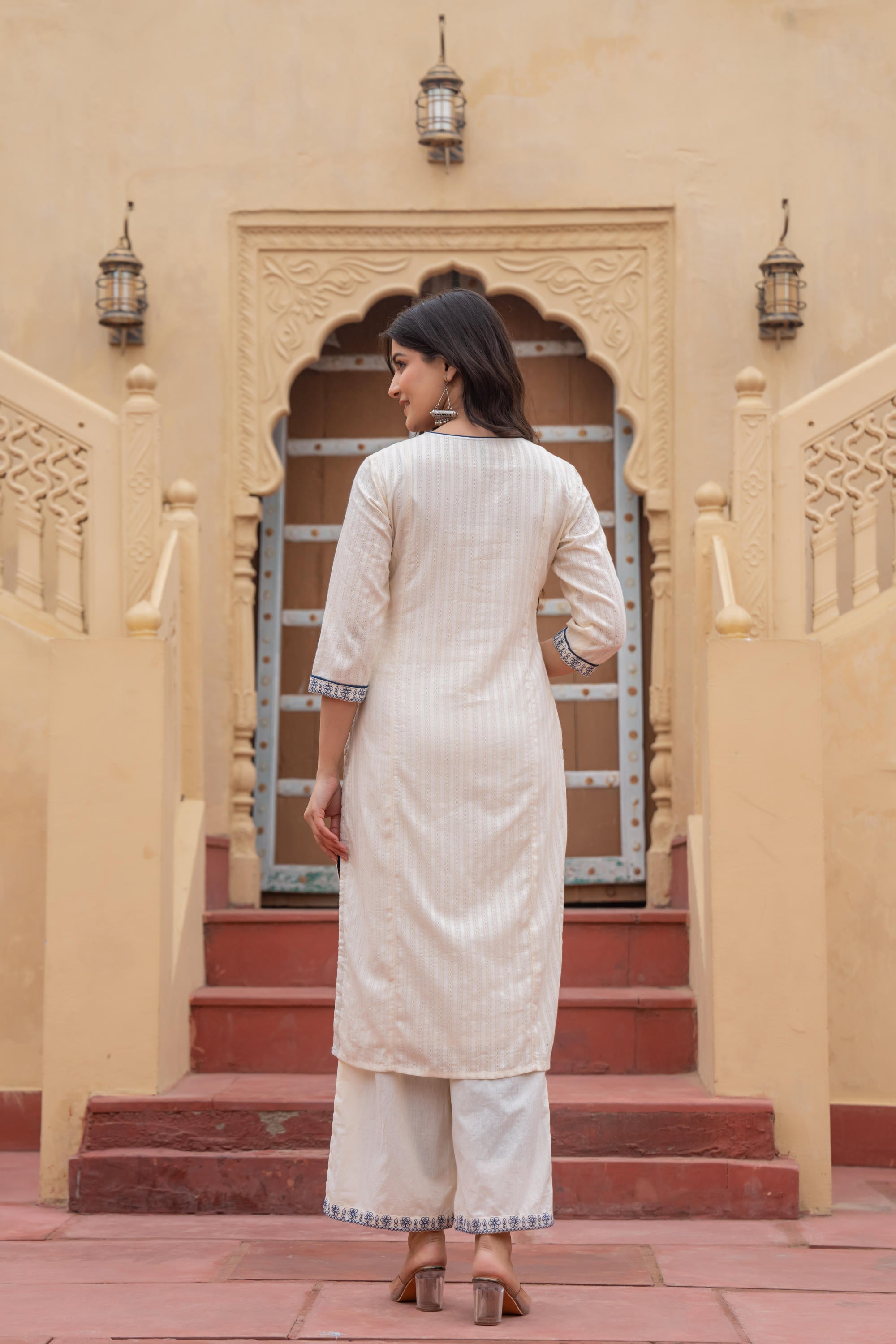 Off White & Indigo Blue Floral Embroidered Ethnic Suit Set with Dupatta