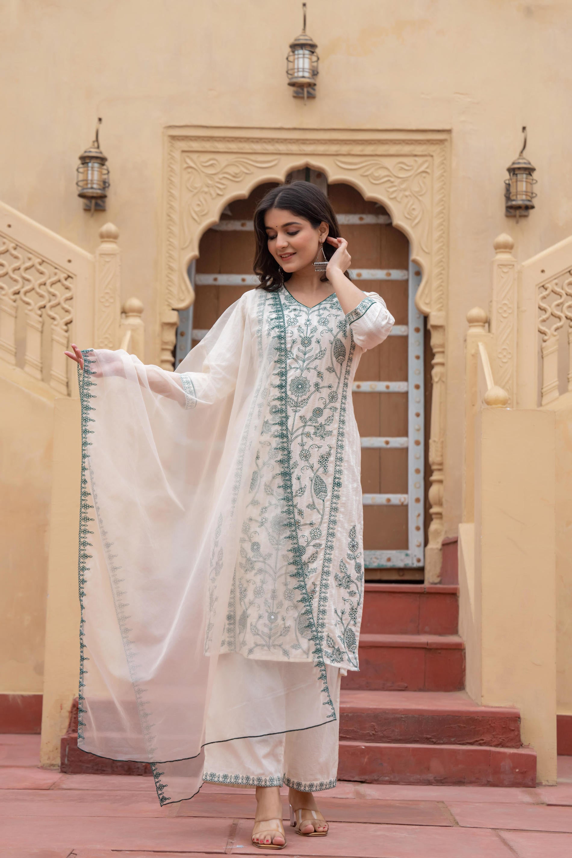 Off White & Green Floral Embroidered Ethnic Suit Set with Dupatta