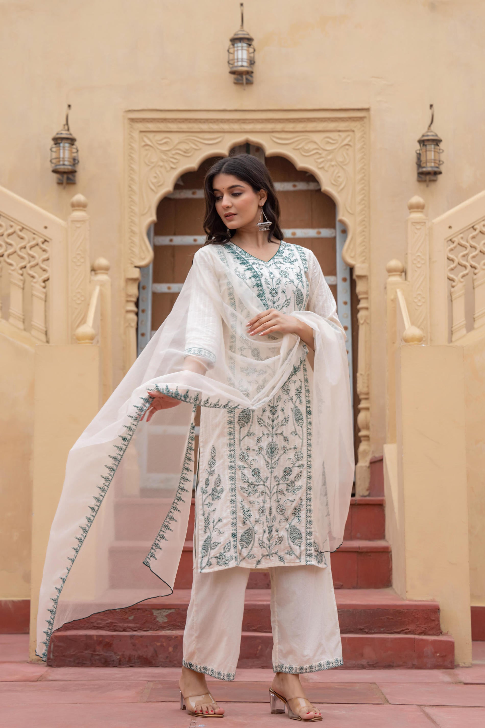 Off White & Green Floral Embroidered Ethnic Suit Set with Dupatta