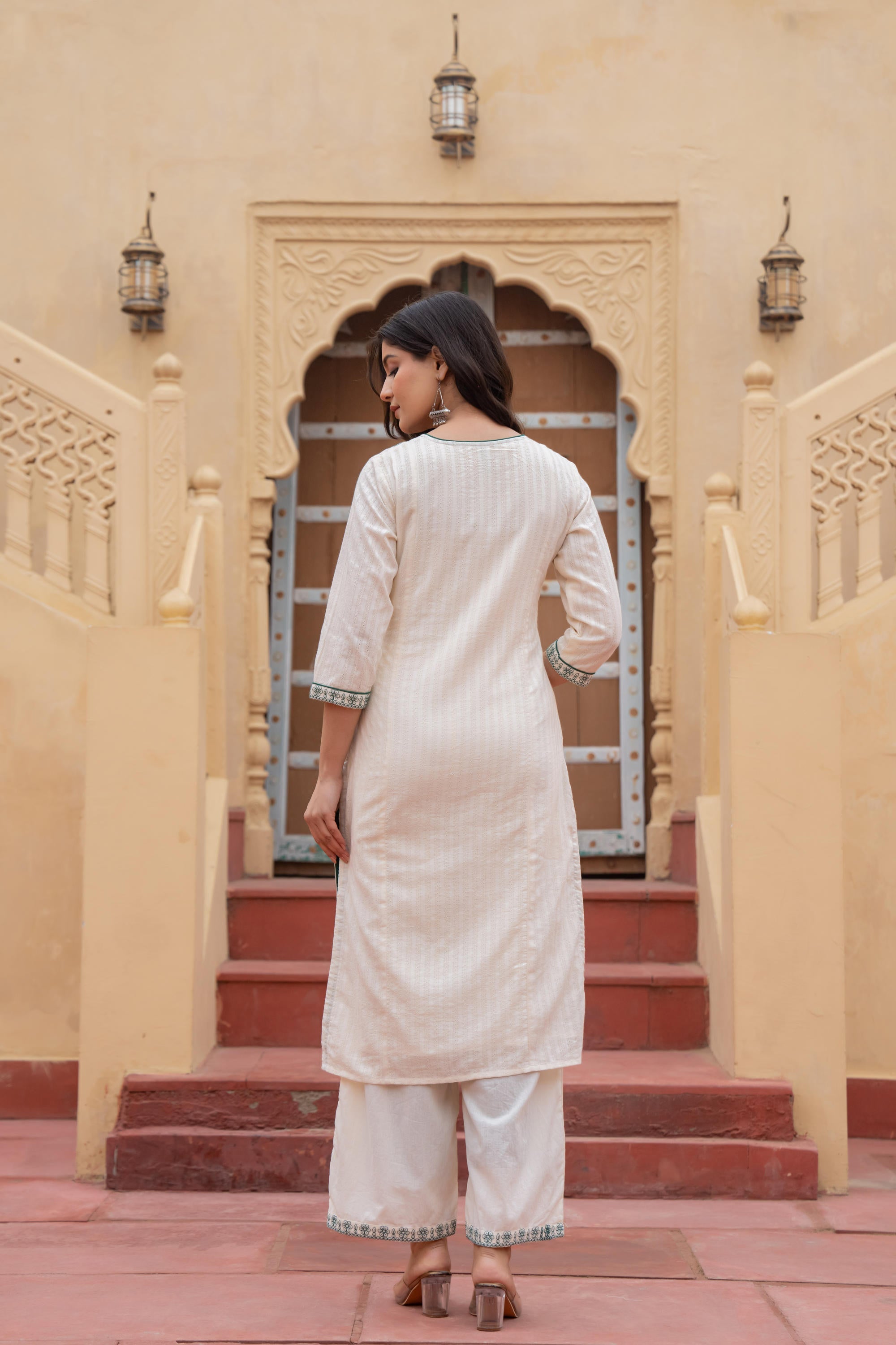 Off White & Green Floral Embroidered Ethnic Suit Set with Dupatta