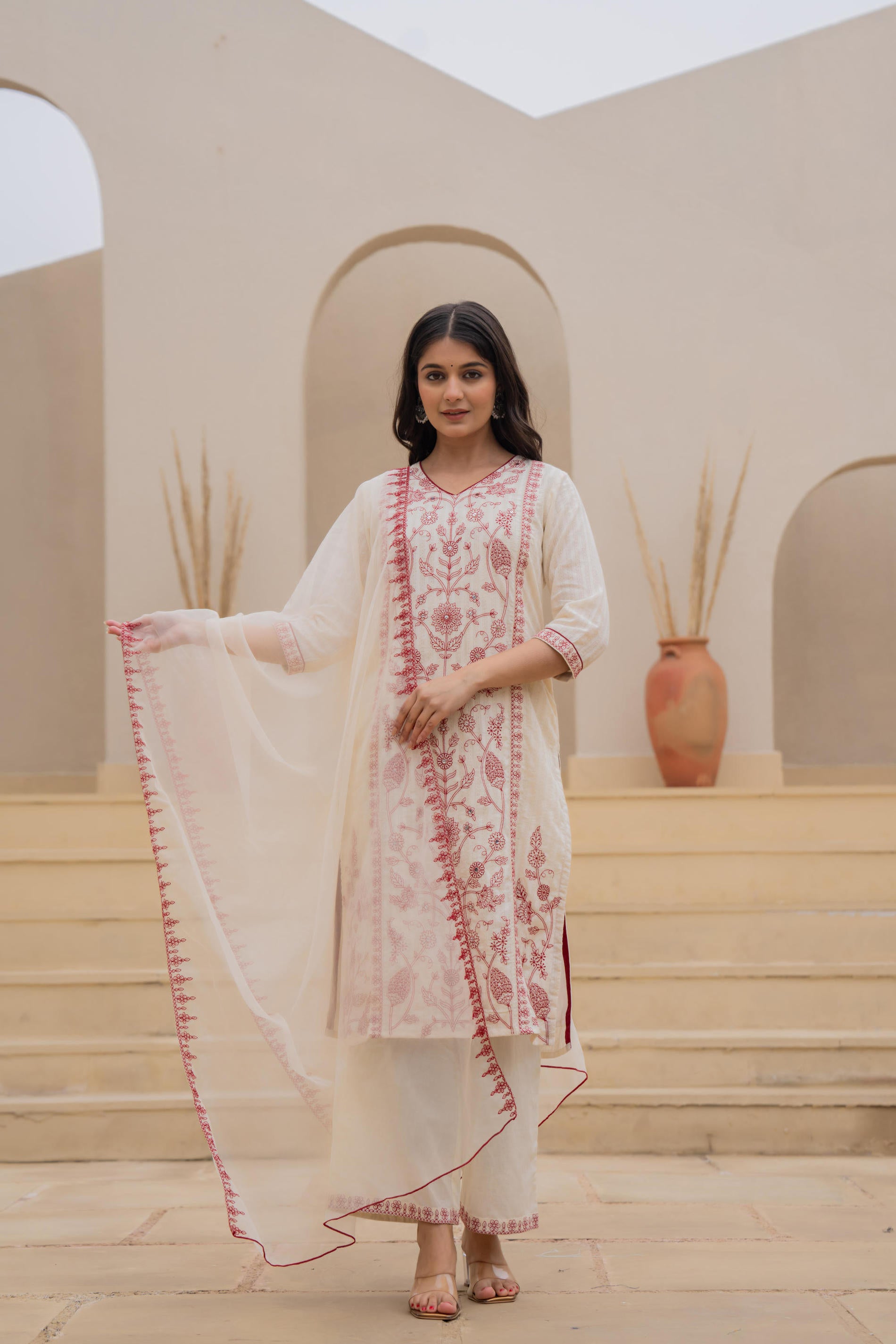 Off White & Red Floral Embroidered Ethnic Suit Set with Dupatta