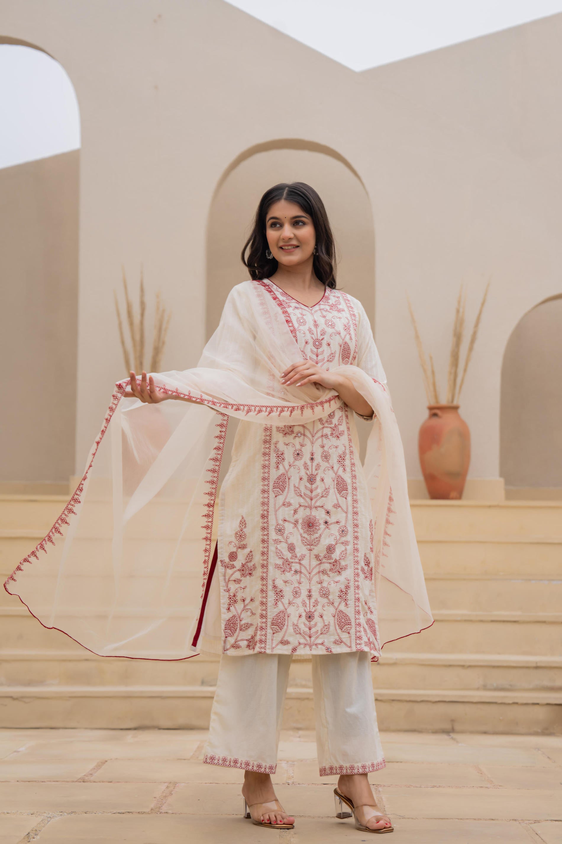 Off White & Red Floral Embroidered Ethnic Suit Set with Dupatta
