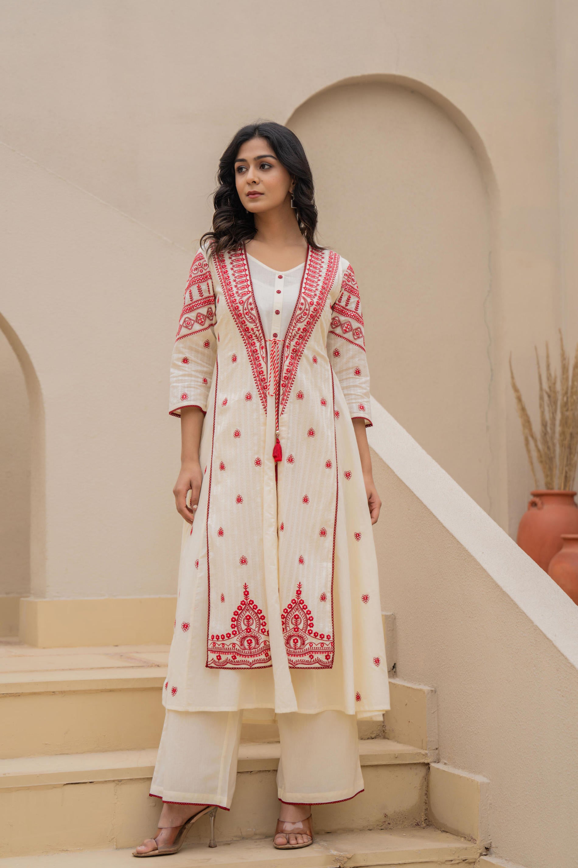 Off White & Red Solid Cotton Kurta Pant & Shrug With Thread Work