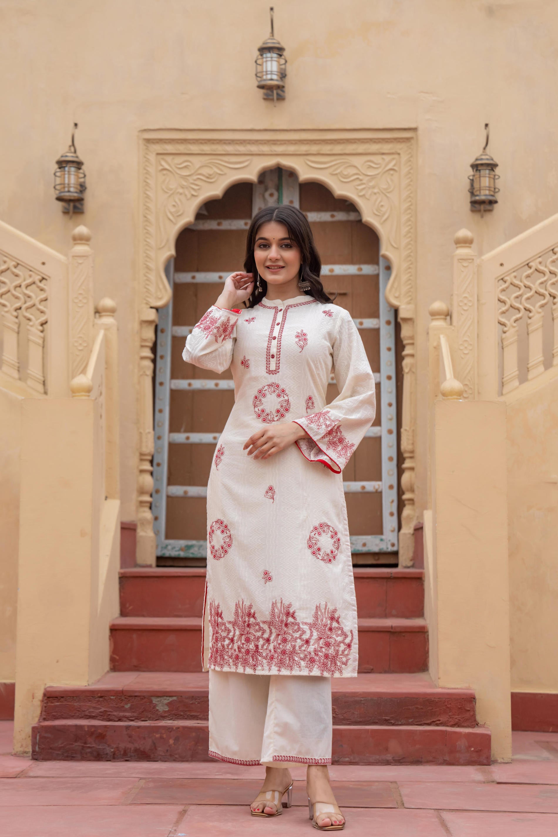 Off White & Red Embroidered Straight Kurta Set with Contrast Detailing