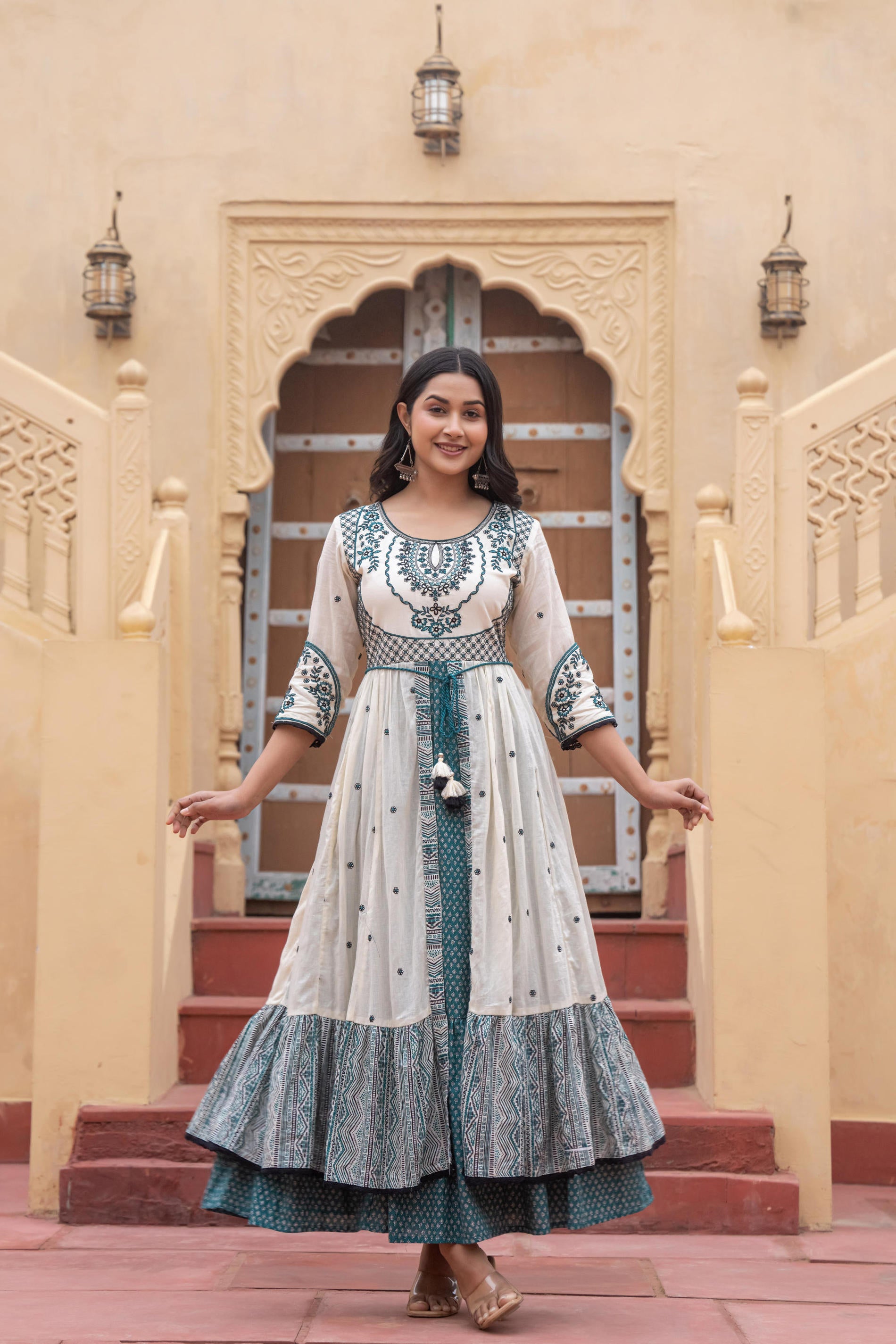 Off White & Teal Green Embroidered Tiered Ethnic Dress with Inner Layer