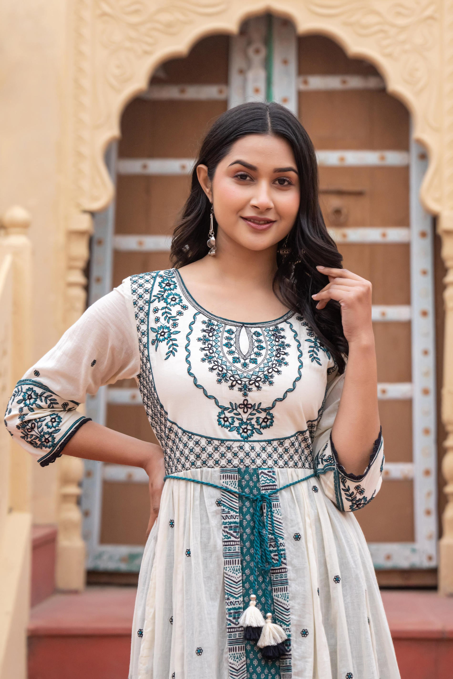 Off White & Teal Green Embroidered Tiered Ethnic Dress with Inner Layer