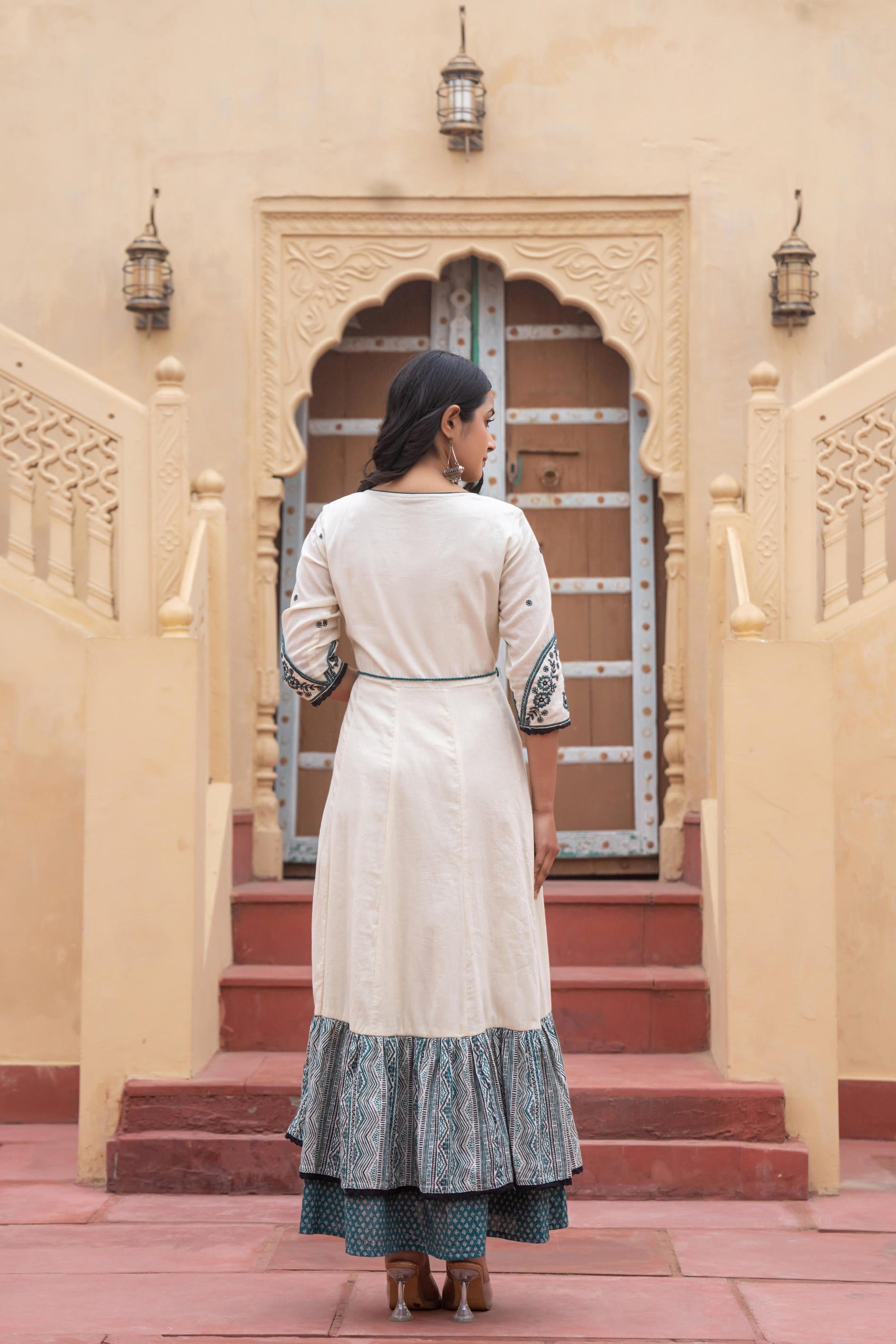 Off White & Teal Green Embroidered Tiered Ethnic Dress with Inner Layer