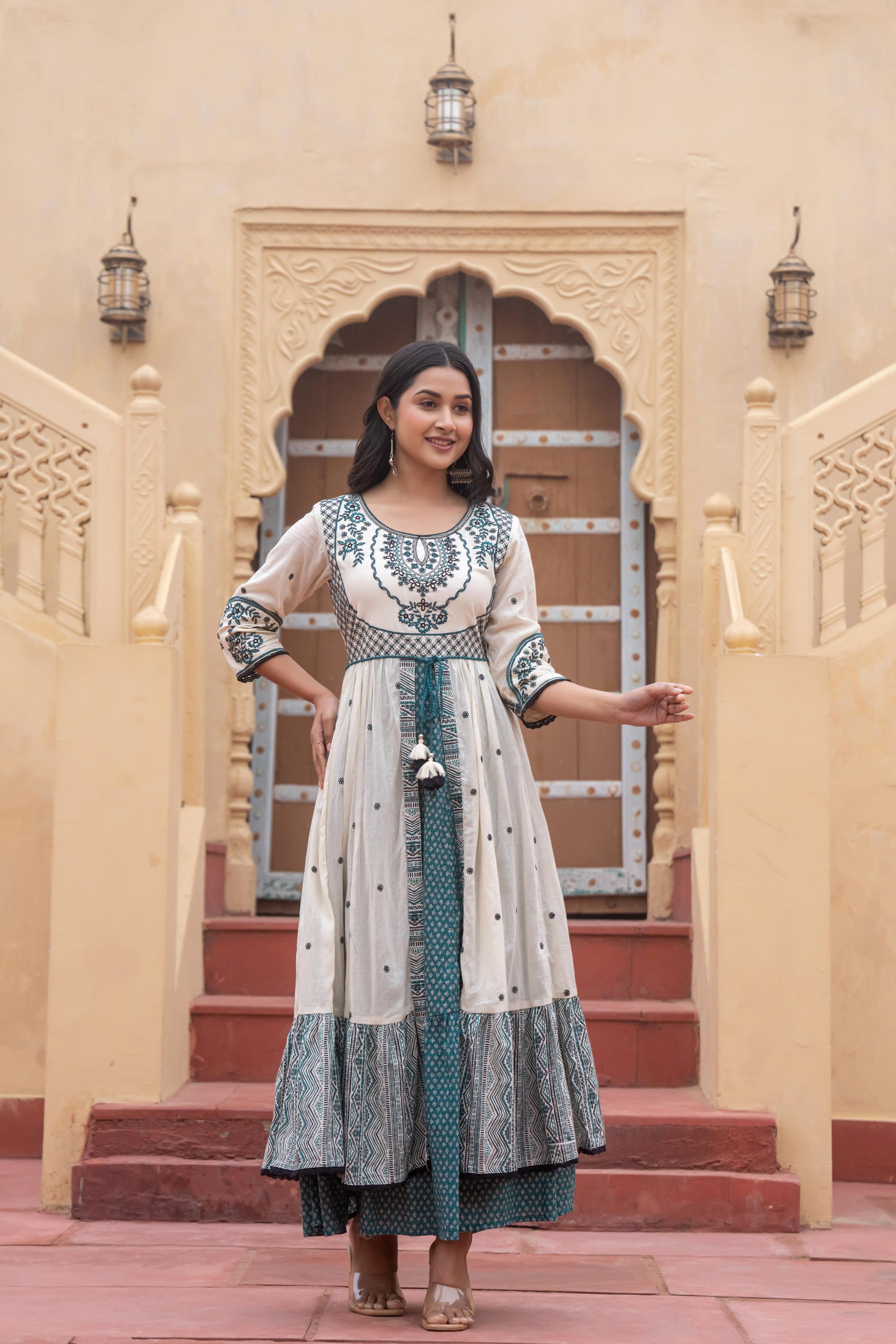 Off White & Teal Green Embroidered Tiered Ethnic Dress with Inner Layer