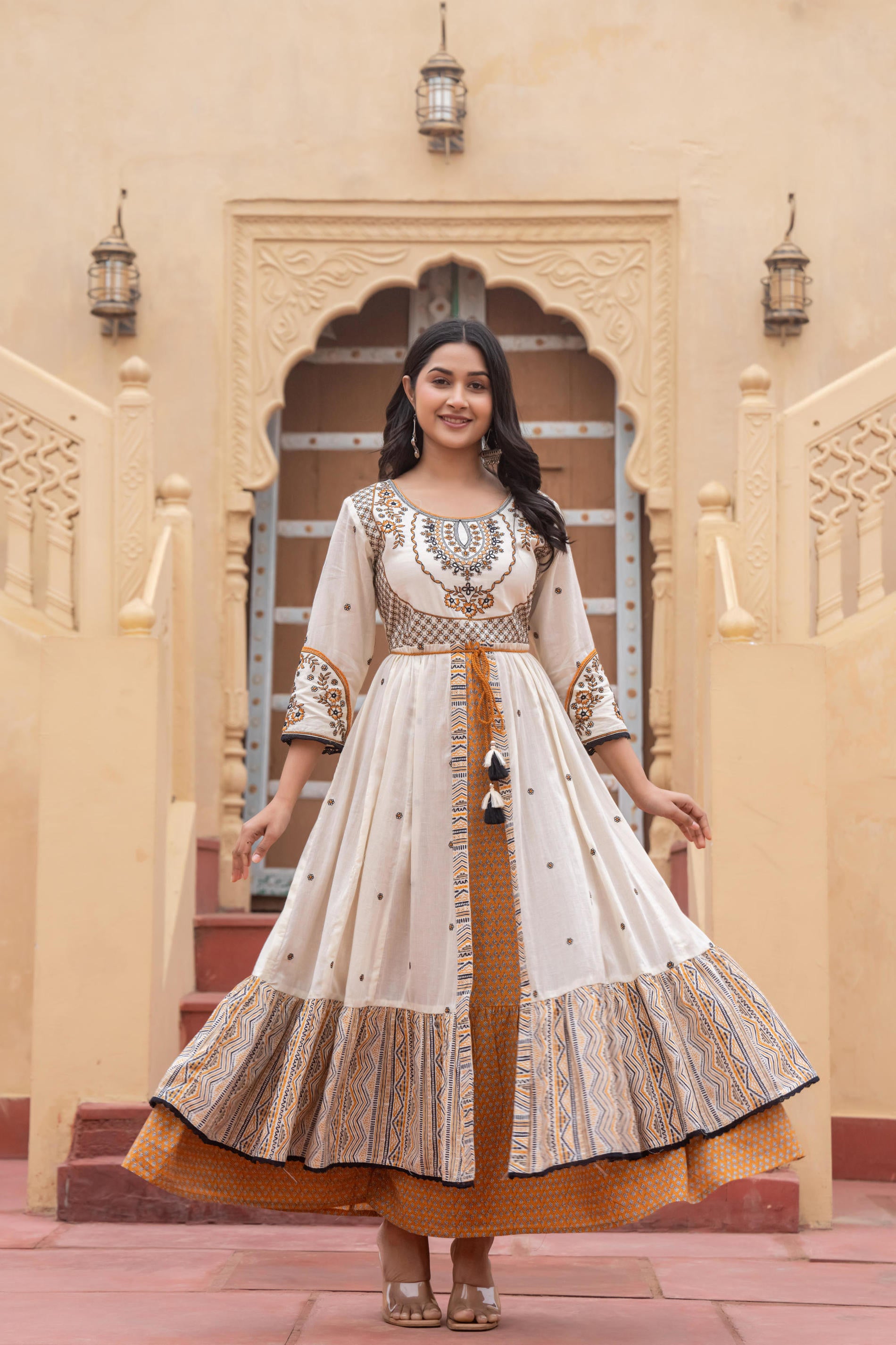 Off White & Mustard Embroidered Tiered Ethnic Dress with Inner Layer