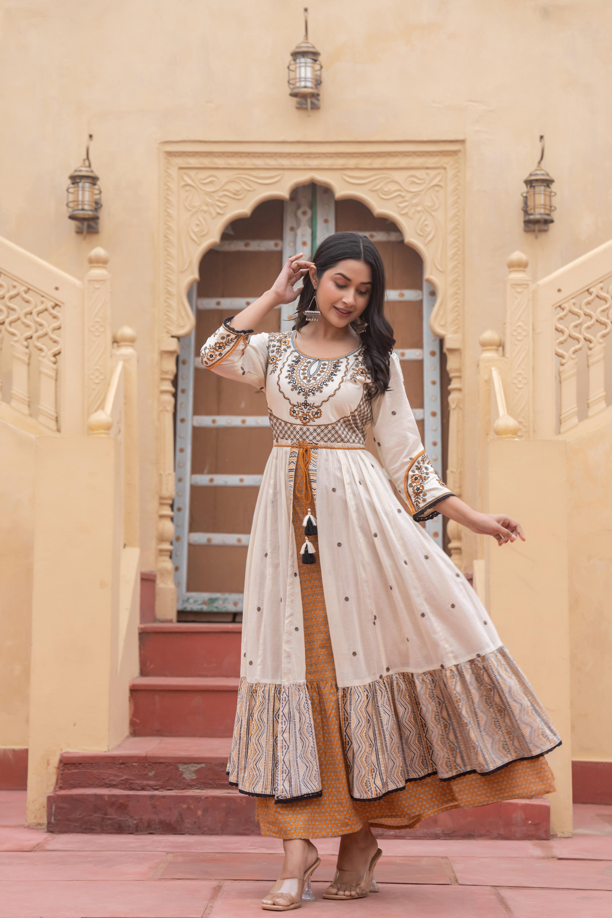 Off White & Mustard Embroidered Tiered Ethnic Dress with Inner Layer