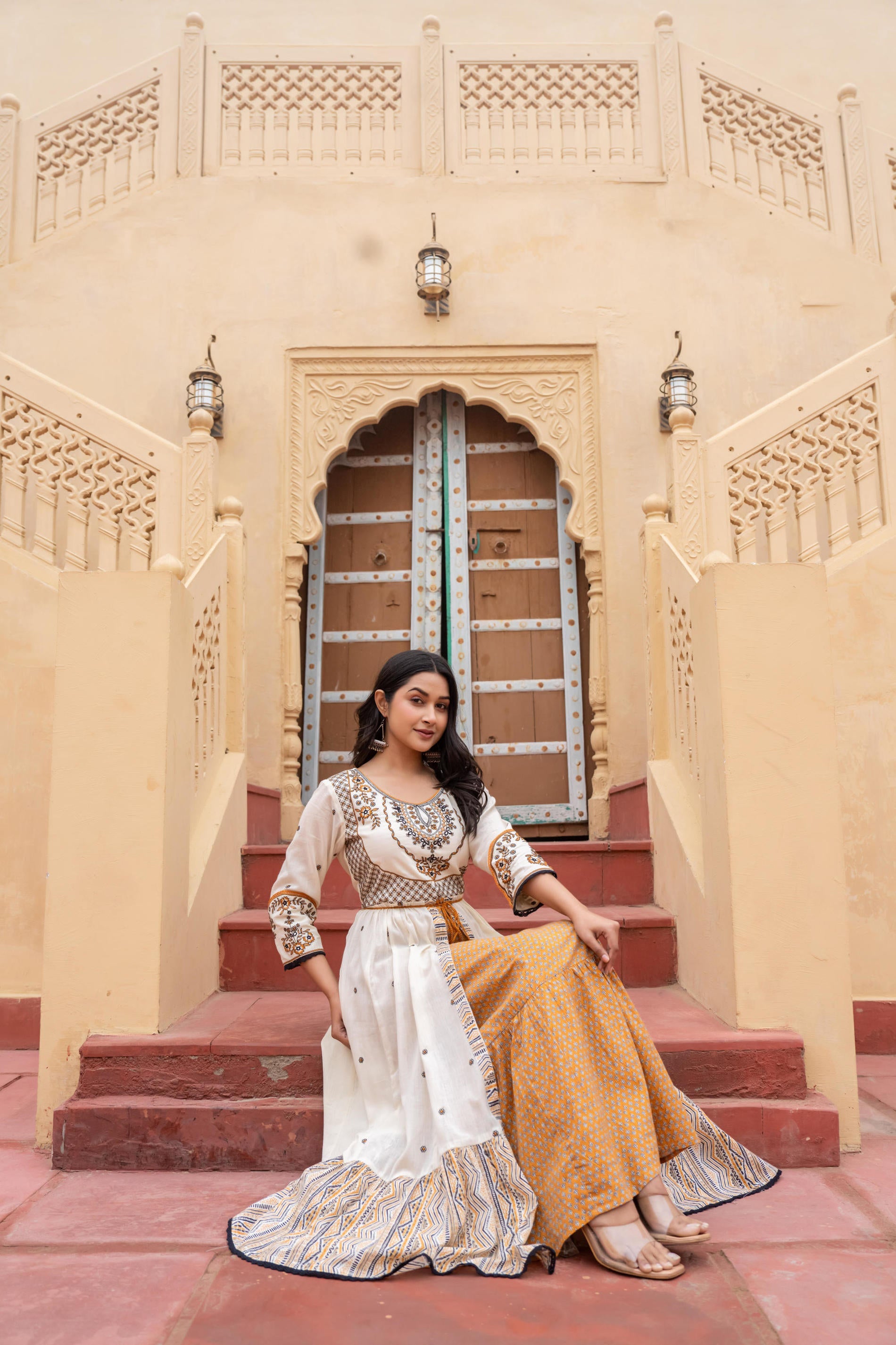 Off White & Mustard Embroidered Tiered Ethnic Dress with Inner Layer