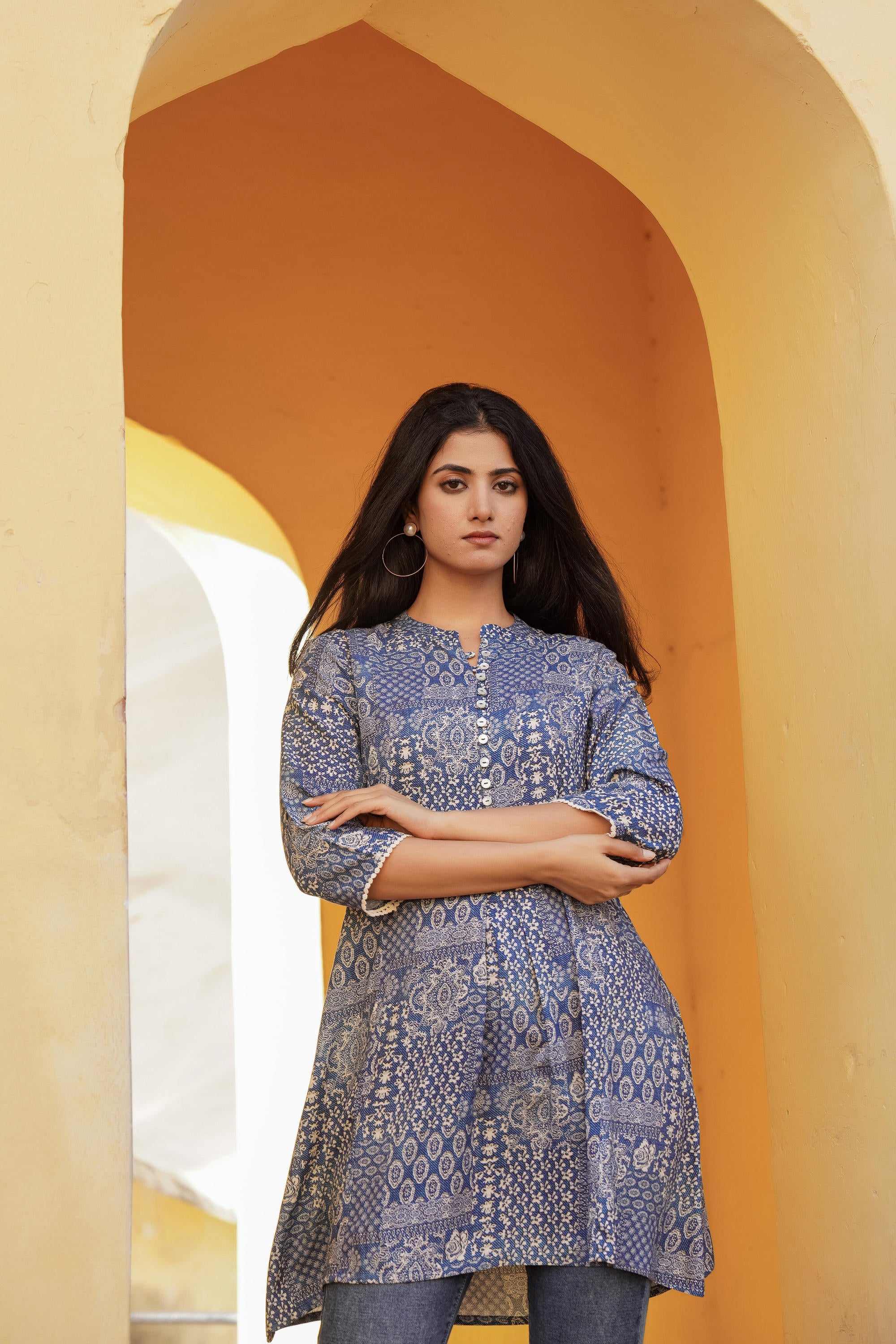 Blue Ethnic Motif Printed Viscose Tunic With Buttons