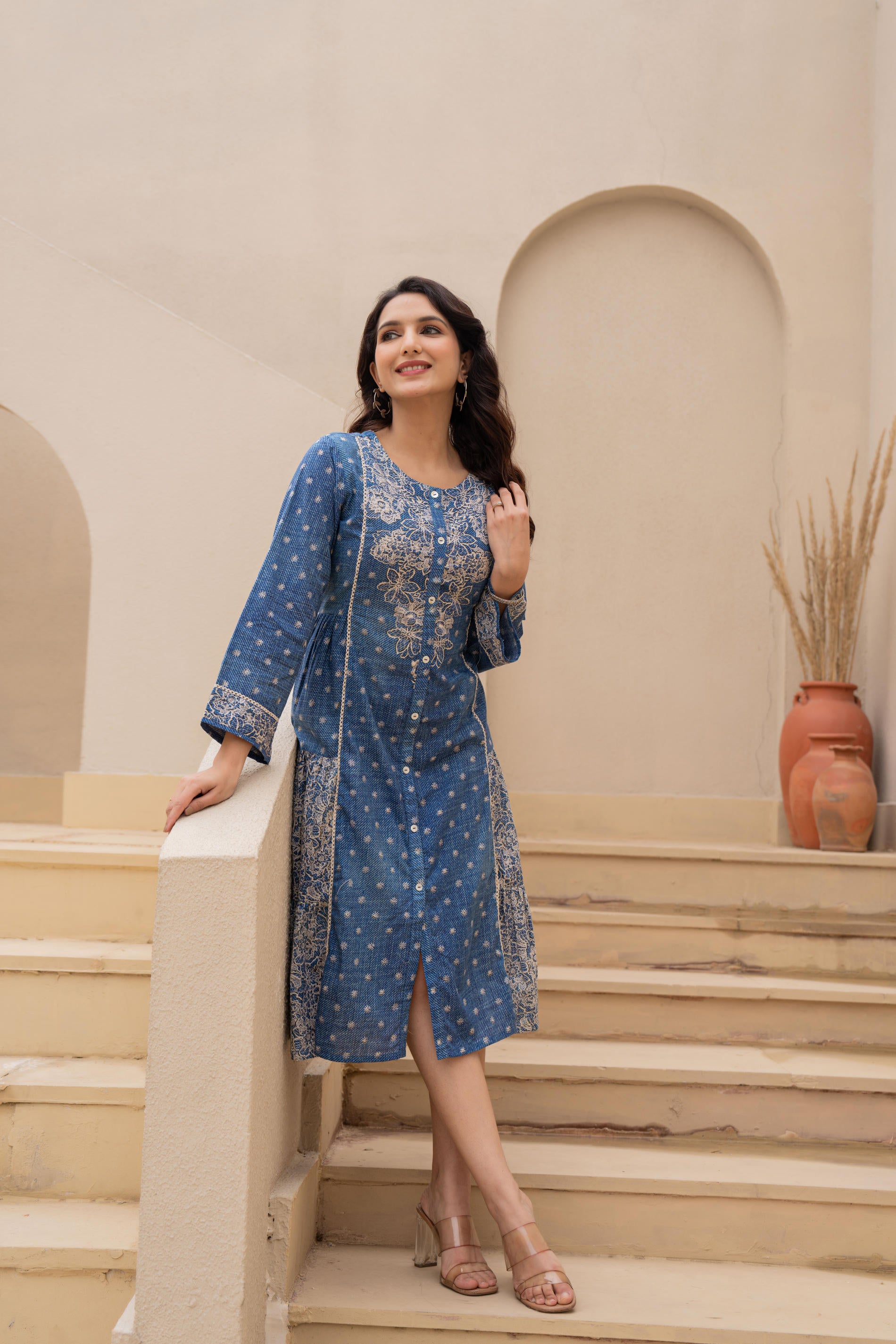 Blue Printed Cotton Dress With Lace & Buttons