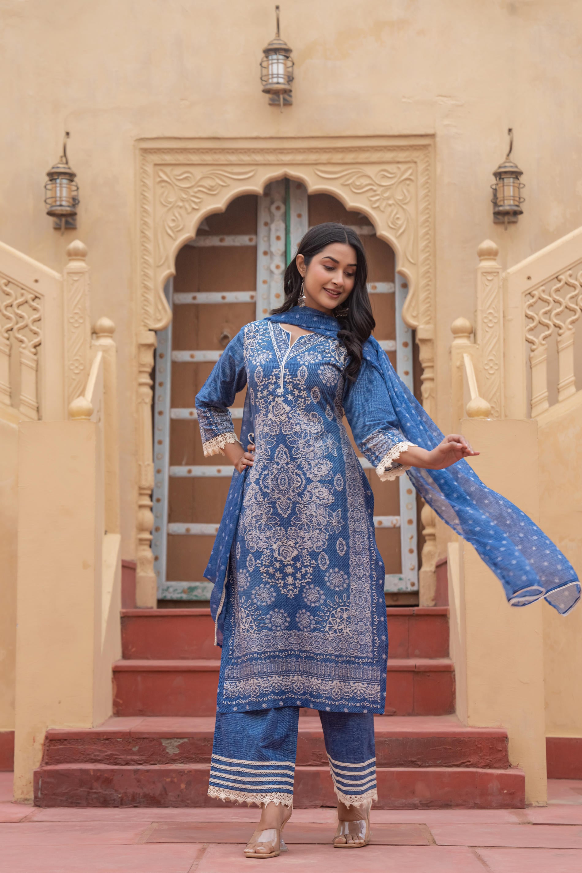 Indigo Bloom Ethnic Print Straight Kurta Set with Dupatta