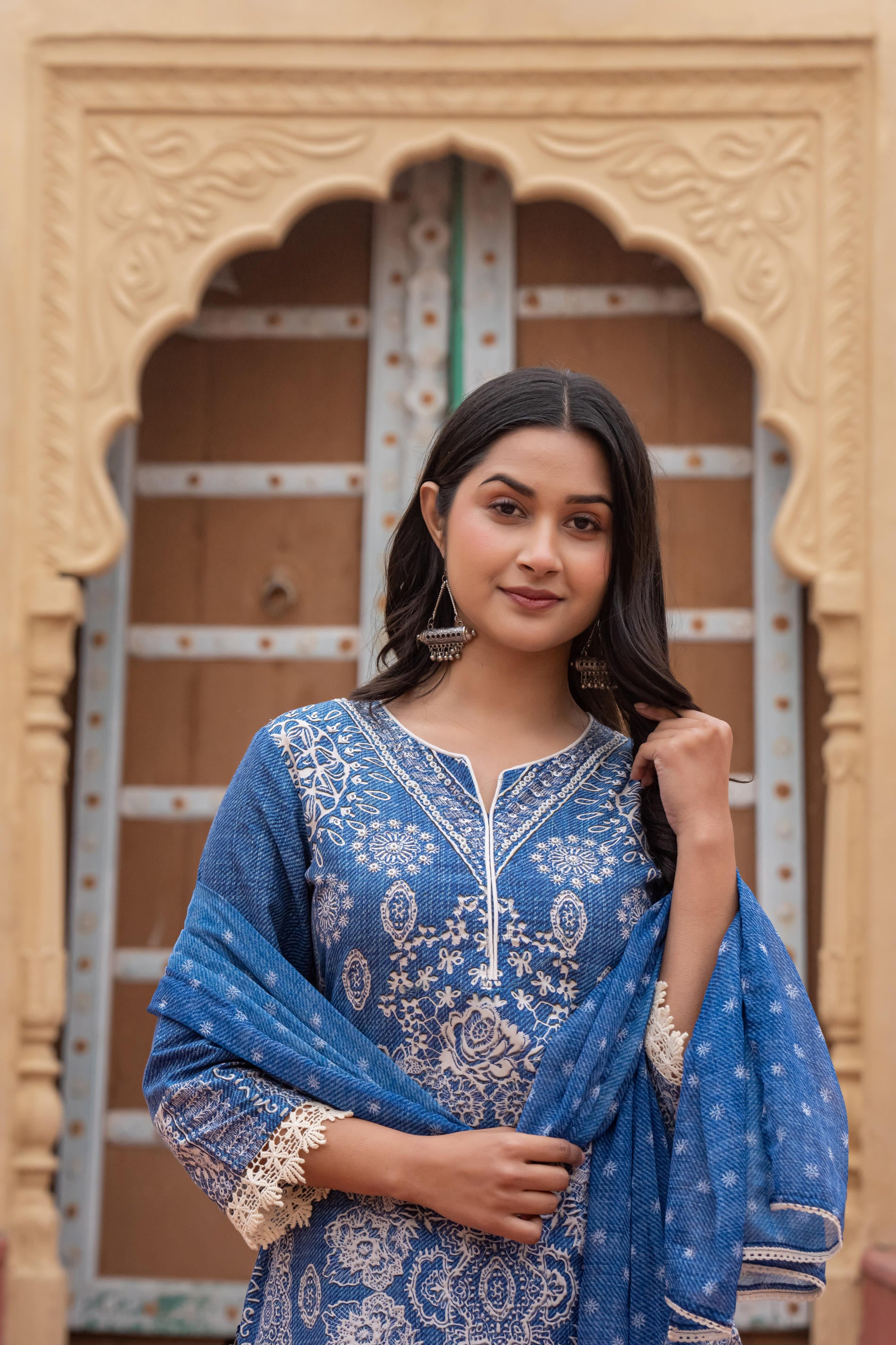 Indigo Bloom Ethnic Print Straight Kurta Set with Dupatta