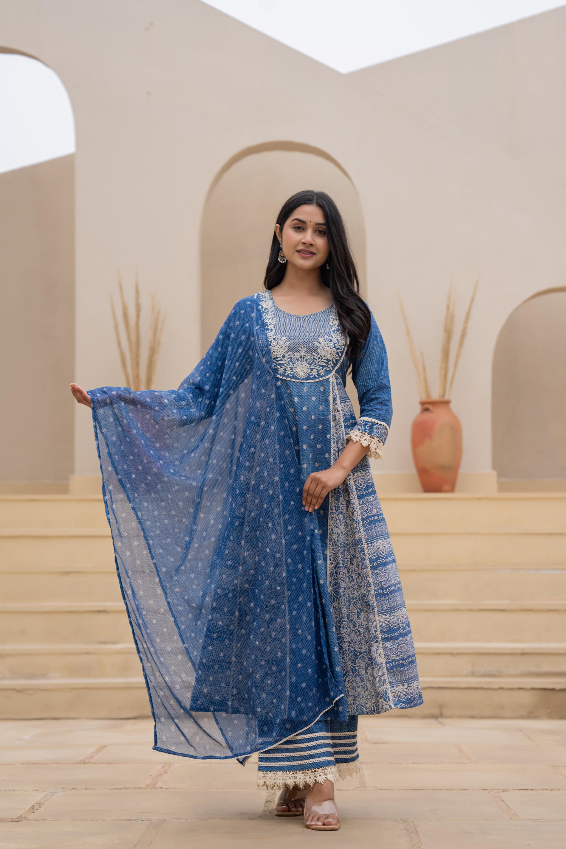 Indigo Breeze Printed & Embroidered Anarkali Kurta Set with Dupatta”