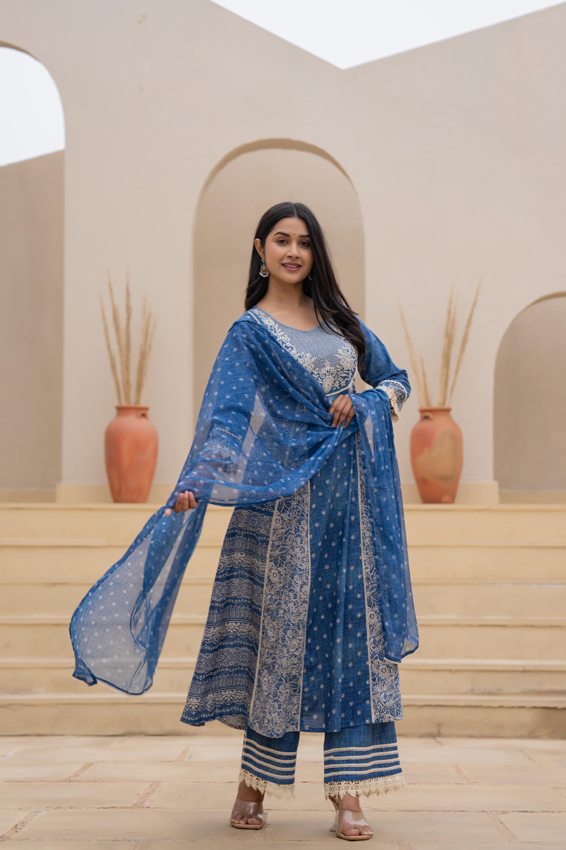 Indigo Breeze Printed & Embroidered Anarkali Kurta Set with Dupatta”