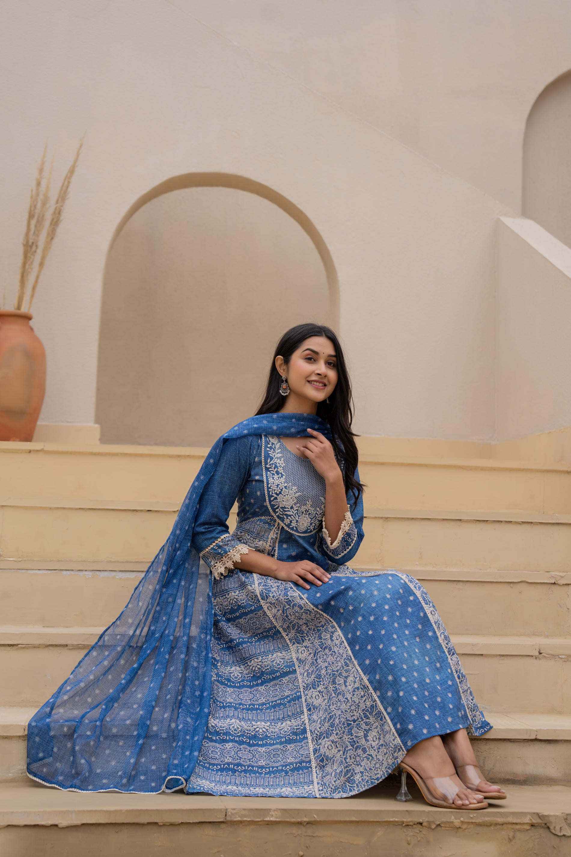Indigo Breeze Printed & Embroidered Anarkali Kurta Set with Dupatta”