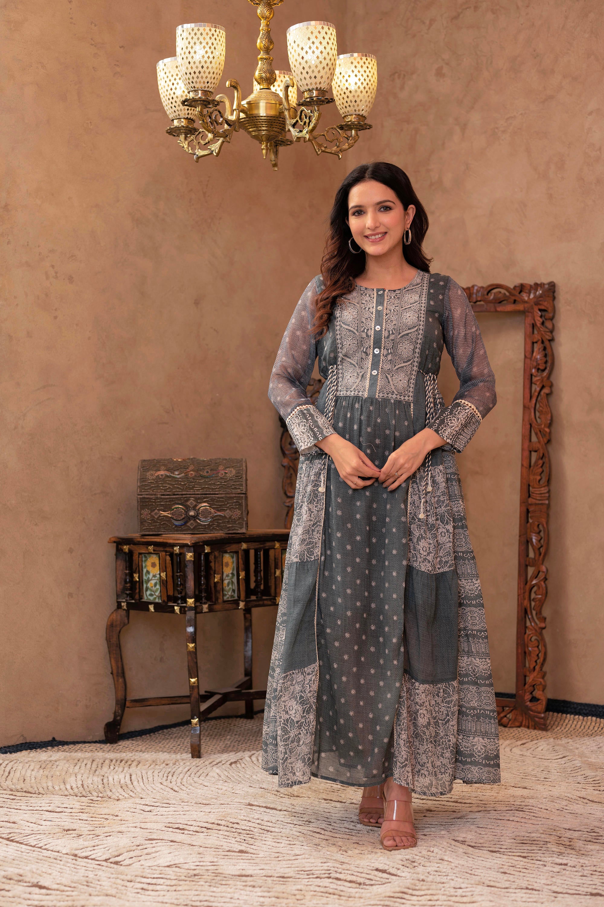 Grey Floral Embroidered Cotton Dress with Tassels & Denim Look