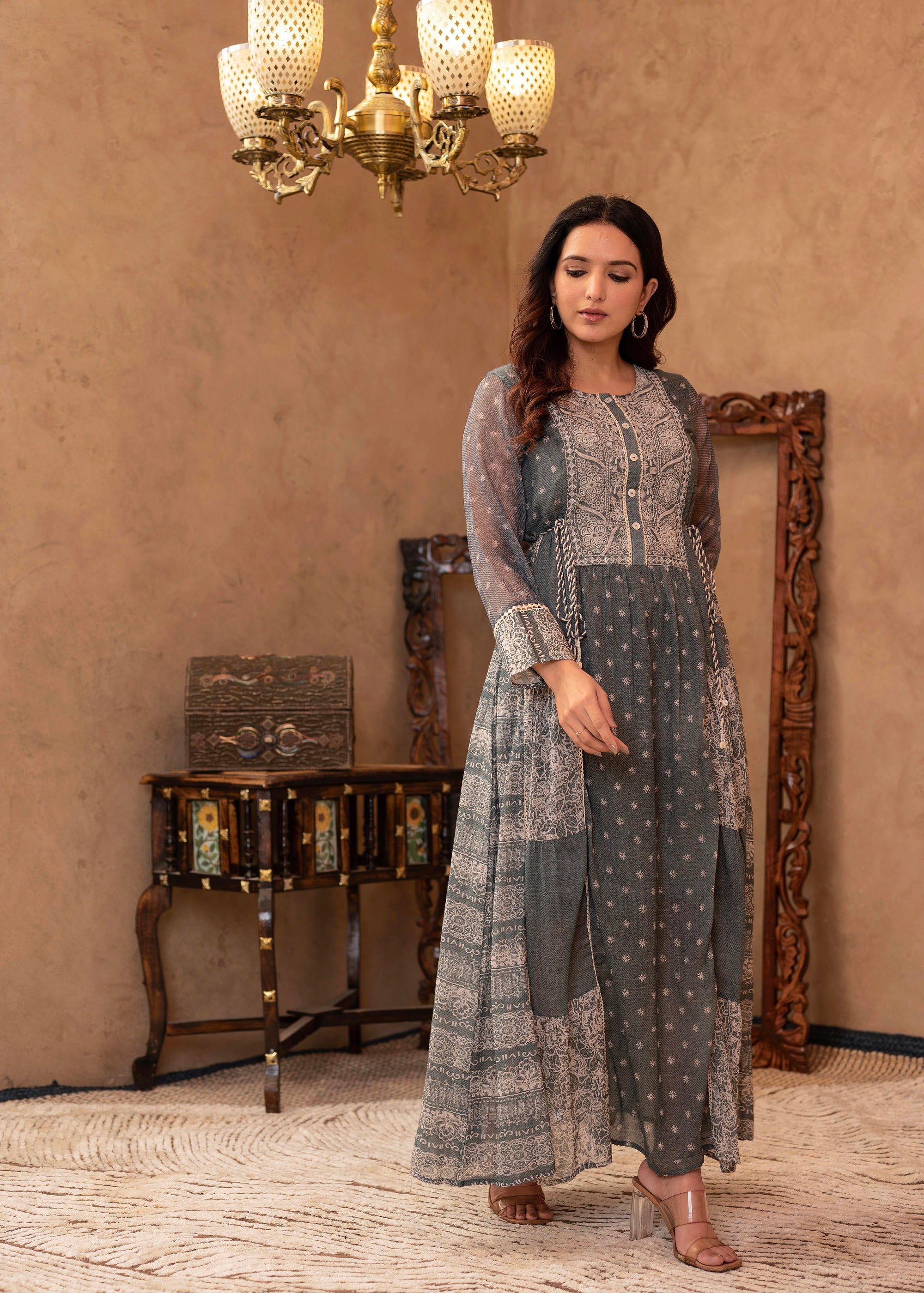 Grey Floral Embroidered Cotton Dress with Tassels & Denim Look