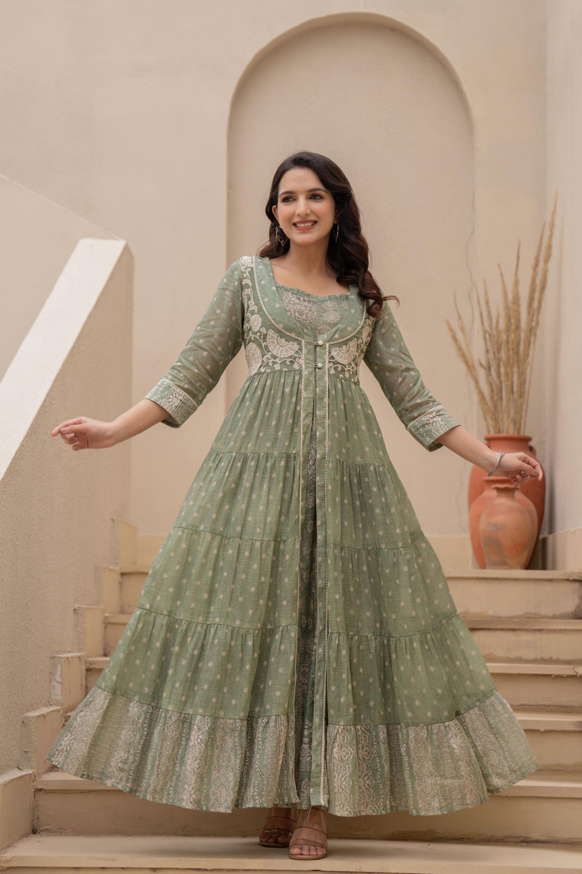 Sage Green Embroidered Flared Maxi Dress with Inner Slip and Button-Down Detailing