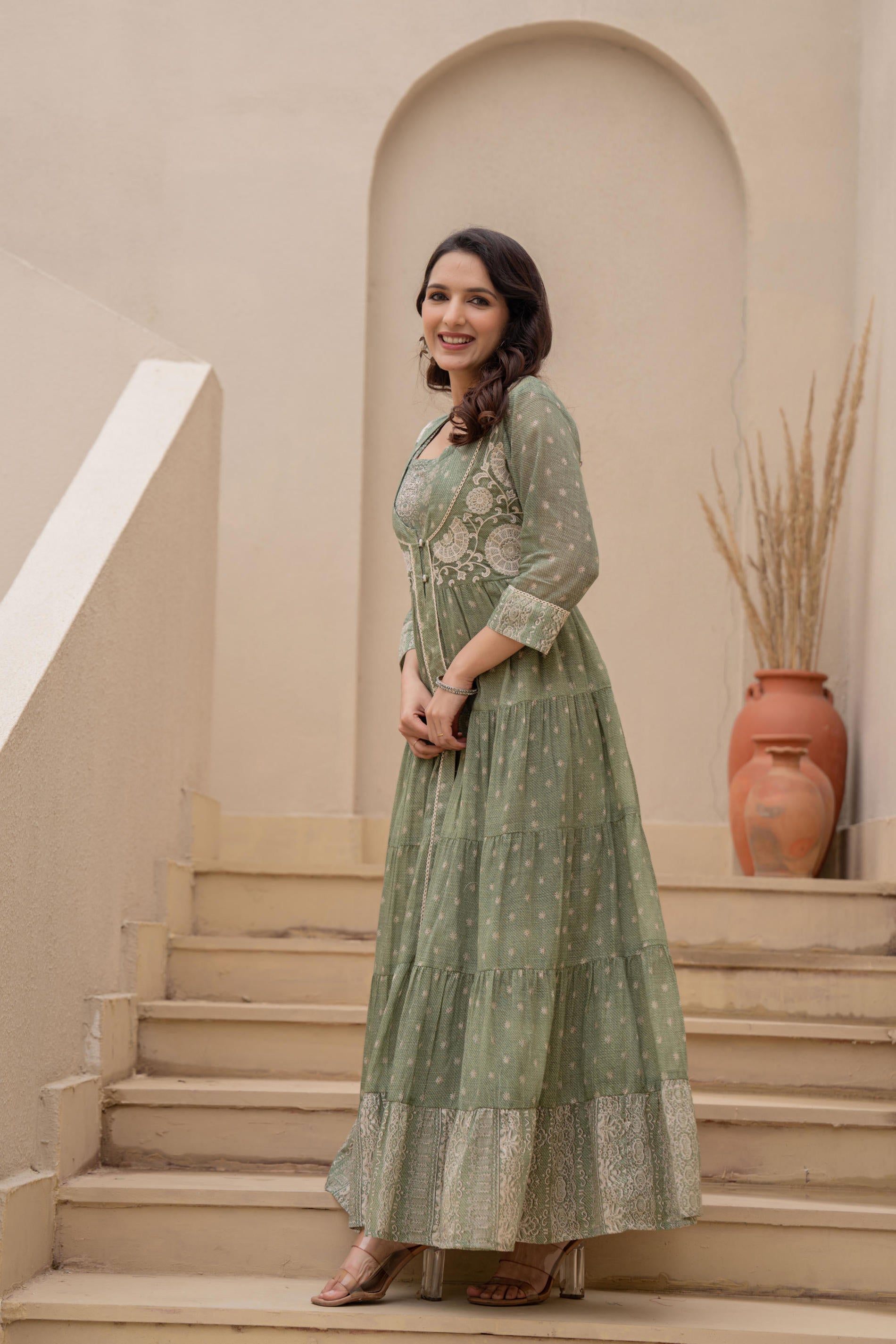 Sage Green Embroidered Flared Maxi Dress with Inner Slip and Button-Down Detailing