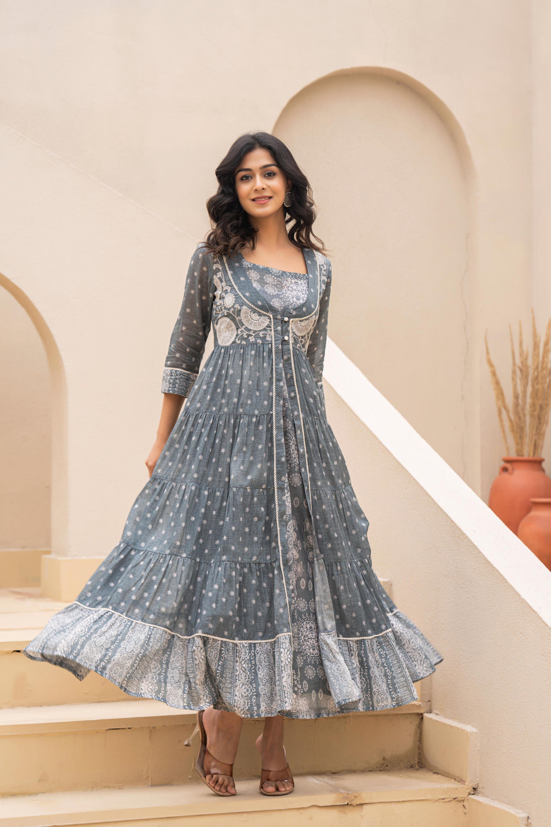 Grey Embroidered Flared Maxi Dress with Inner Slip and Button-Down Detailing