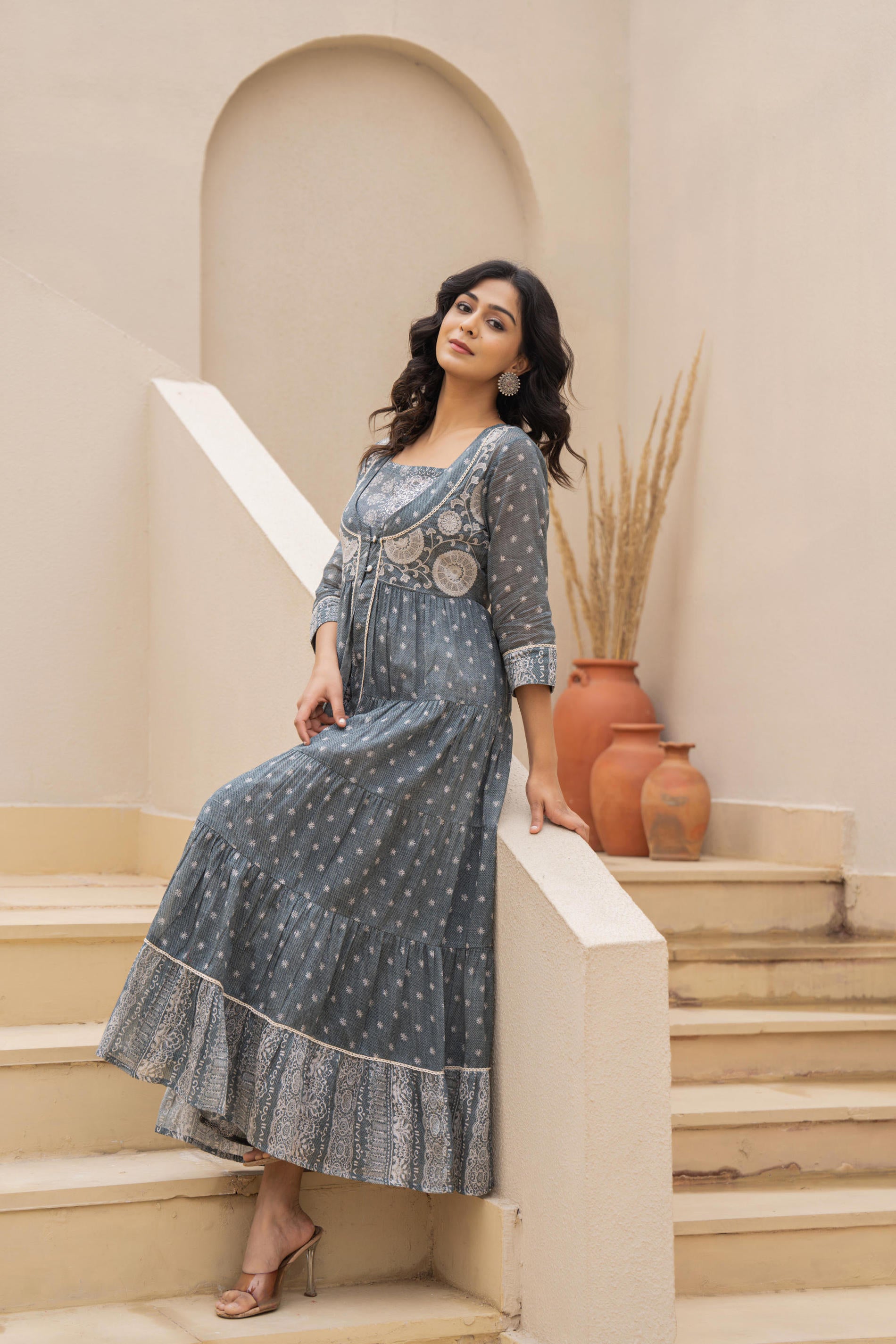 Grey Embroidered Flared Maxi Dress with Inner Slip and Button-Down Detailing