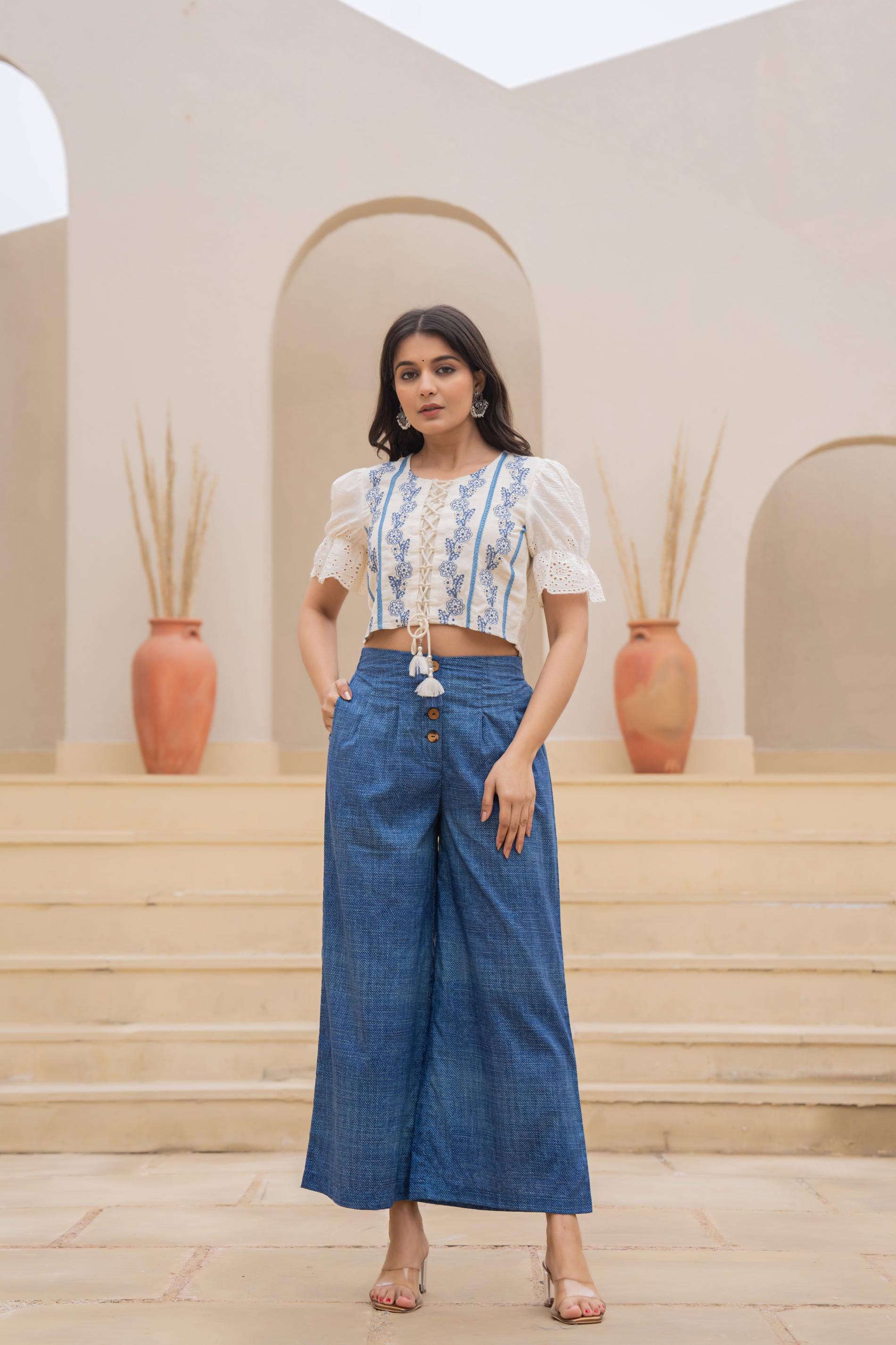 White Embroidered Crop Top with Light Blue Wide-Leg Pants