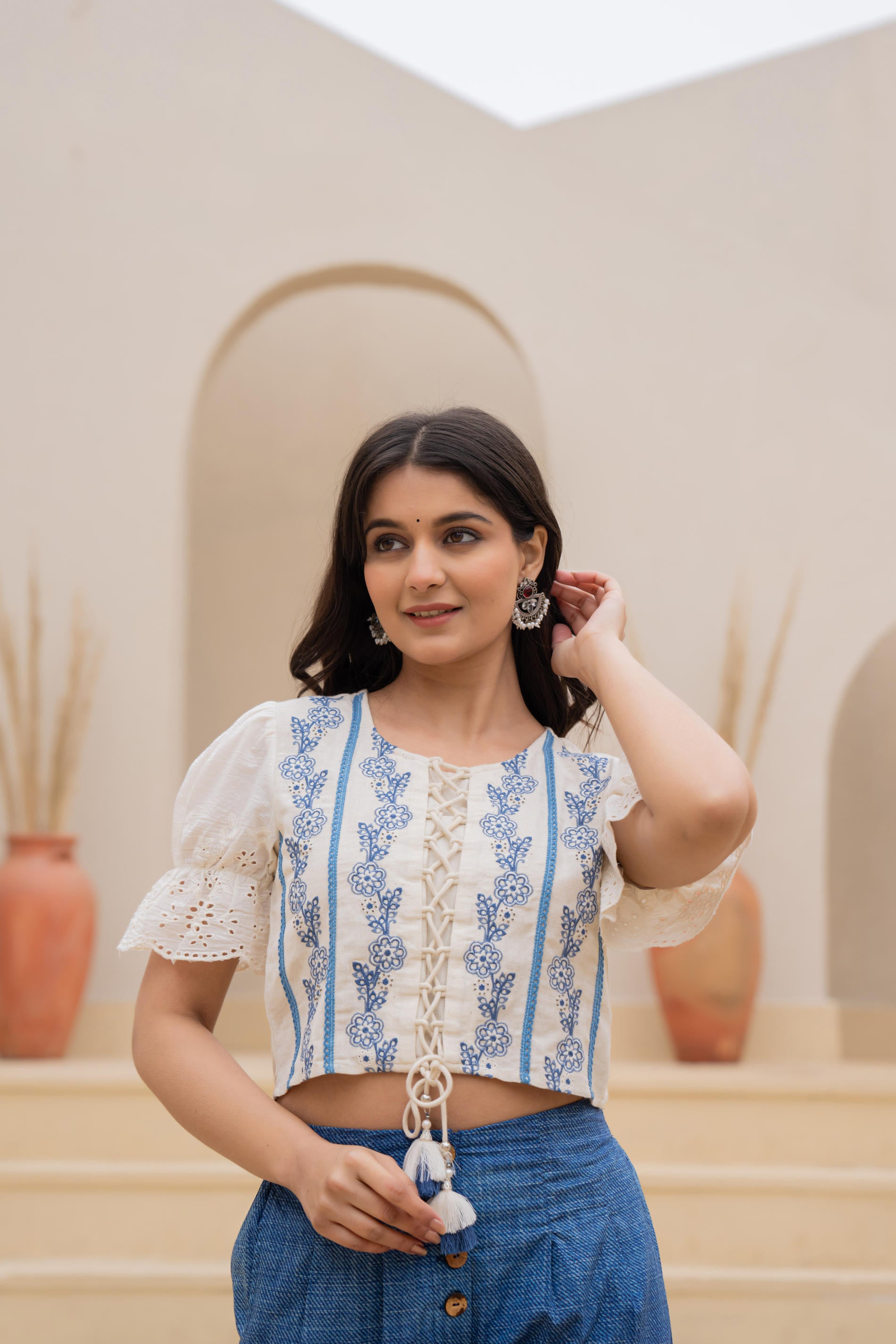 White Embroidered Crop Top with Light Blue Wide-Leg Pants