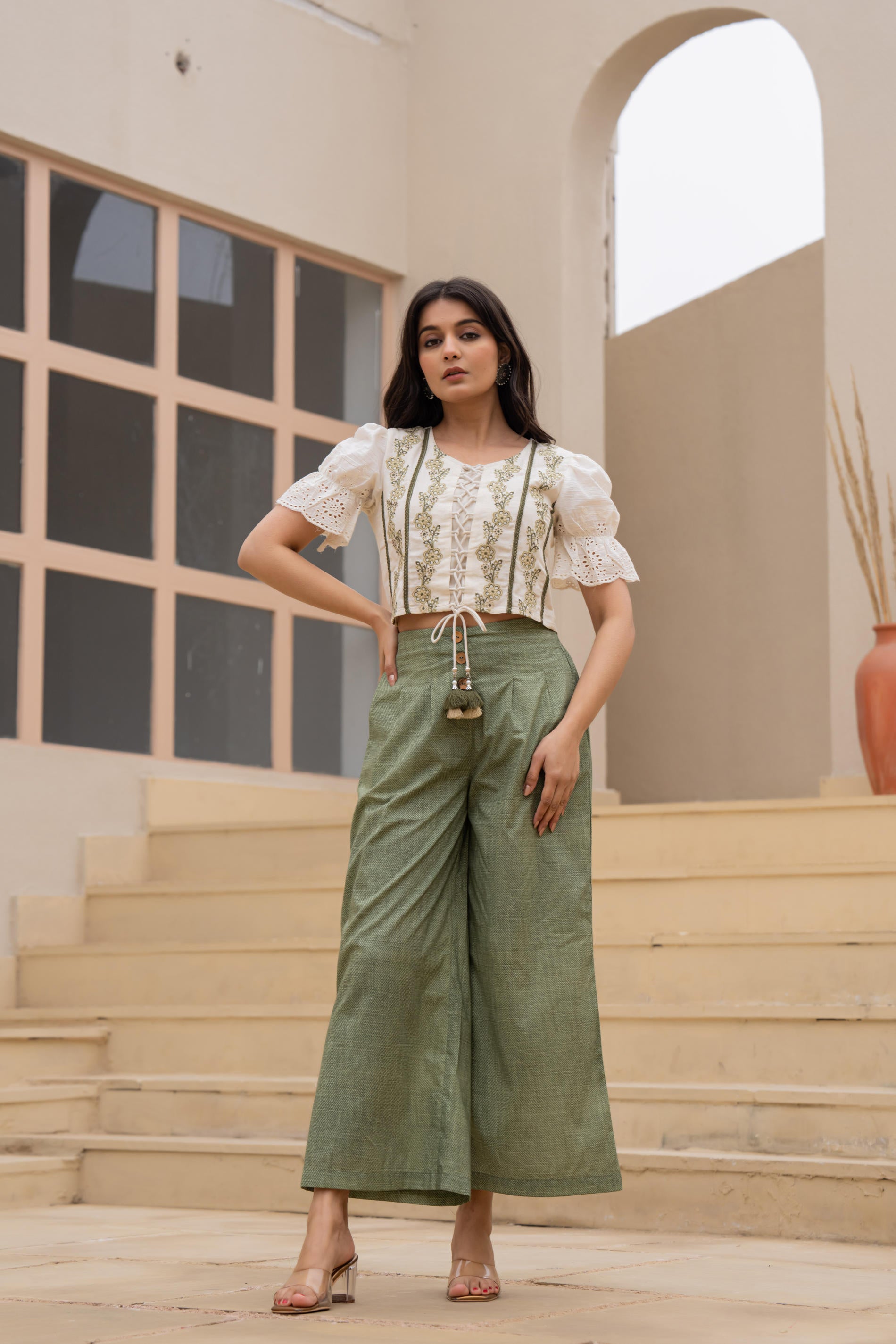 White Embroidered Crop Top with Light Green Wide-Leg Pants
