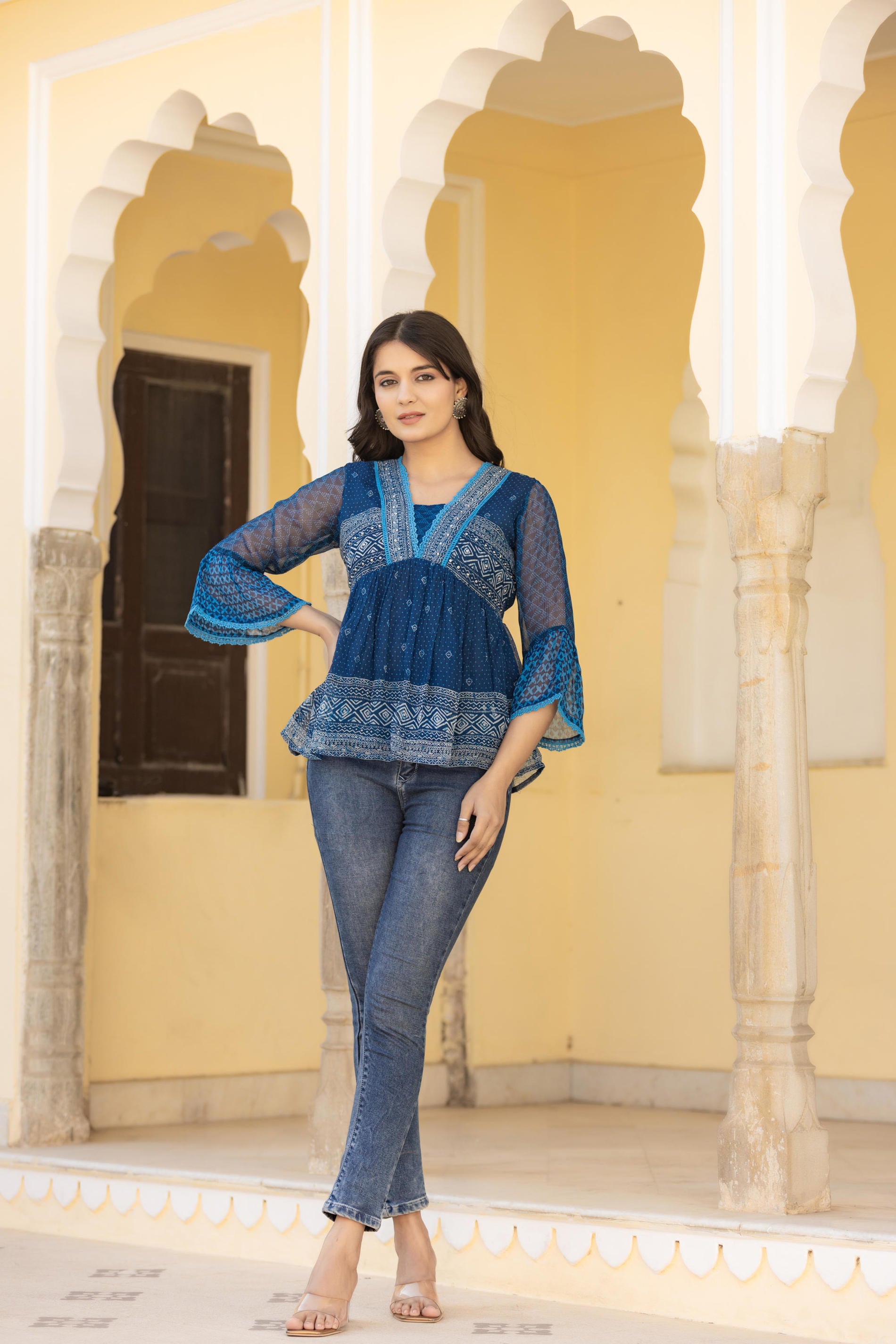 Indigo Blue Ethnic Motif Peplum Top with Sheer Sleeves