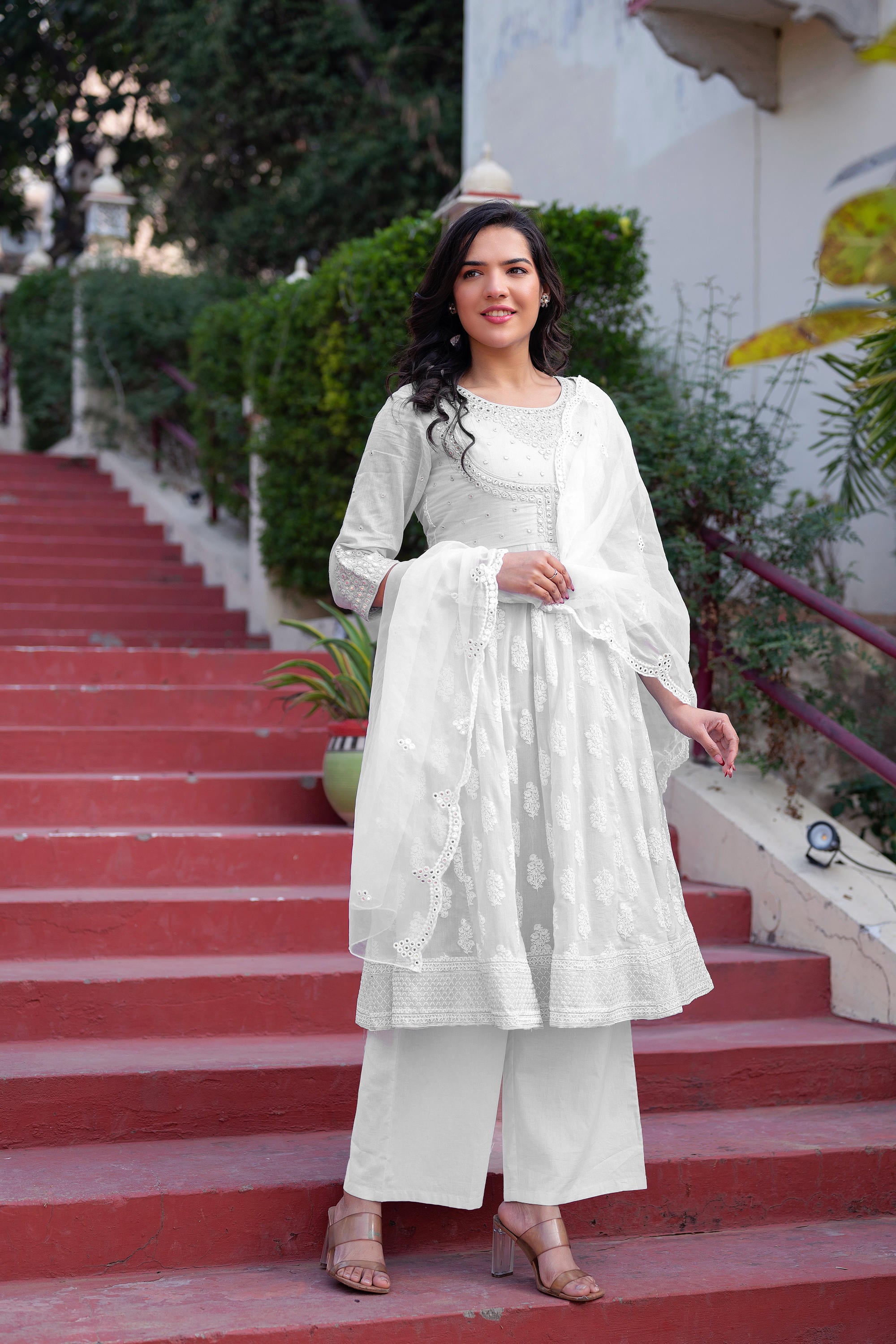 White Cotton Mirror Embroidered Kurta with Palazzo & Organza Dupatta