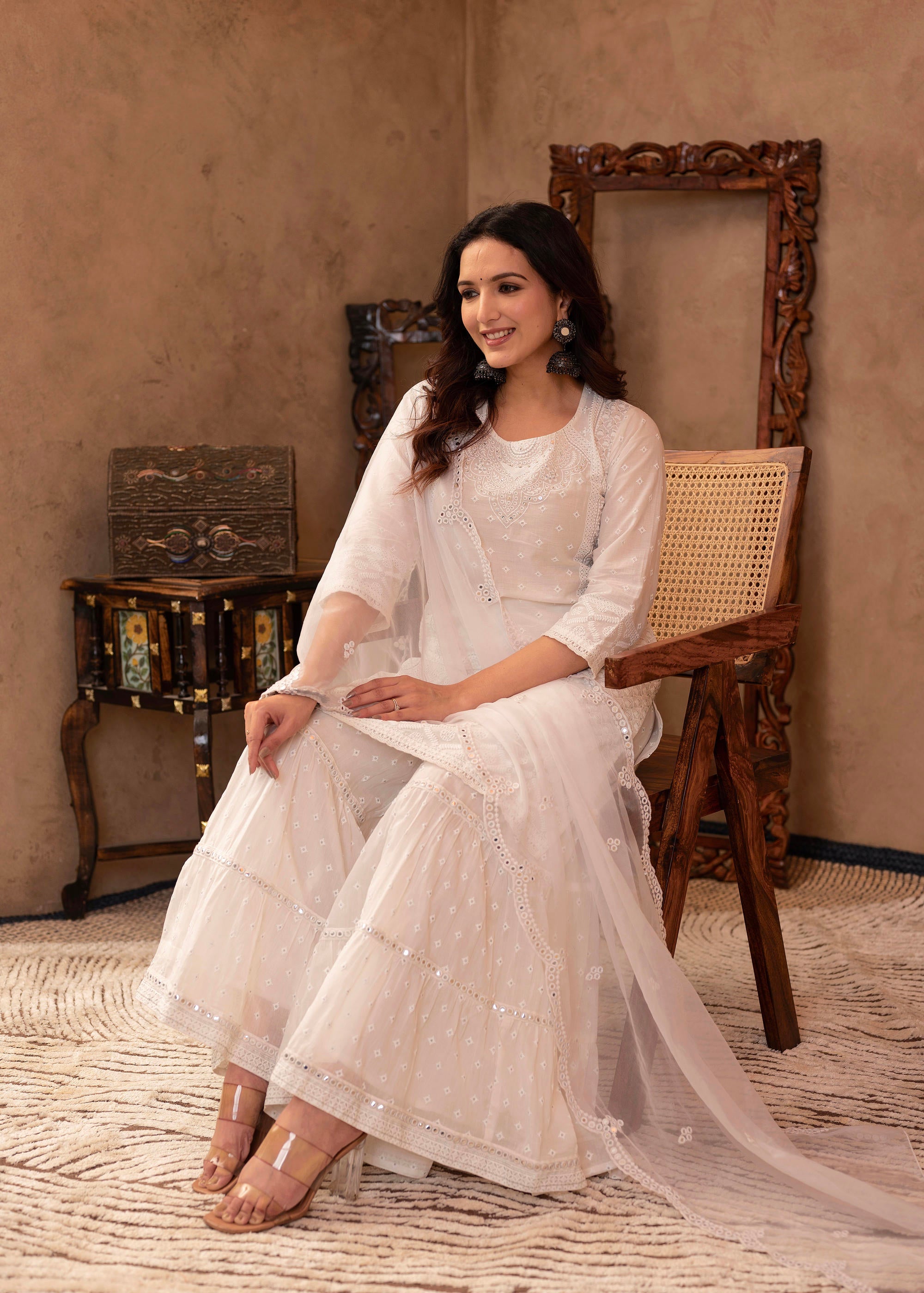 White Cotton Mughal Printed Kurta with Gharara, Organza Dupatta, Mirror Work & Puff Print