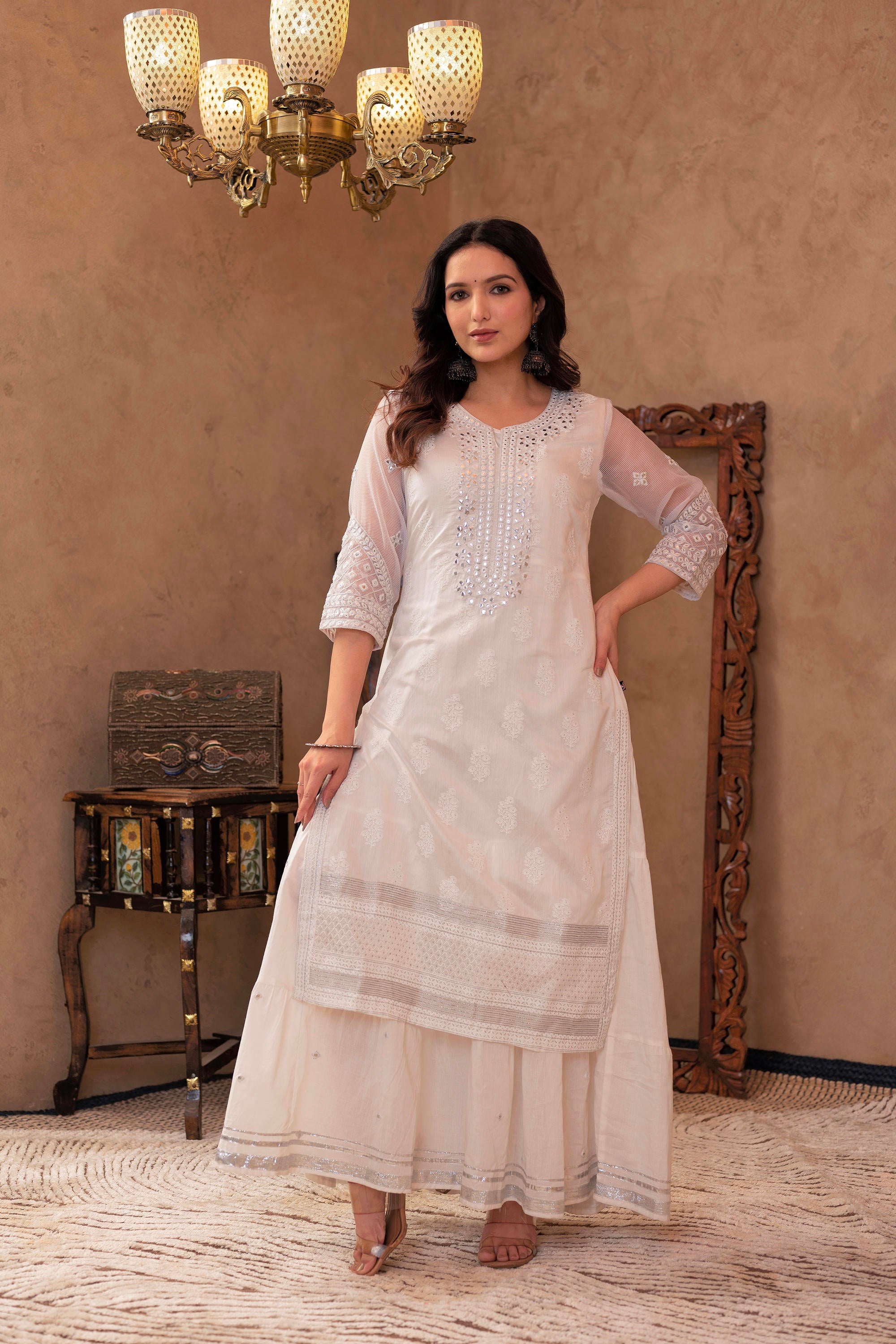 White Chanderi Mirror Embroidered Kurta with Gota Lace & Glitter Work