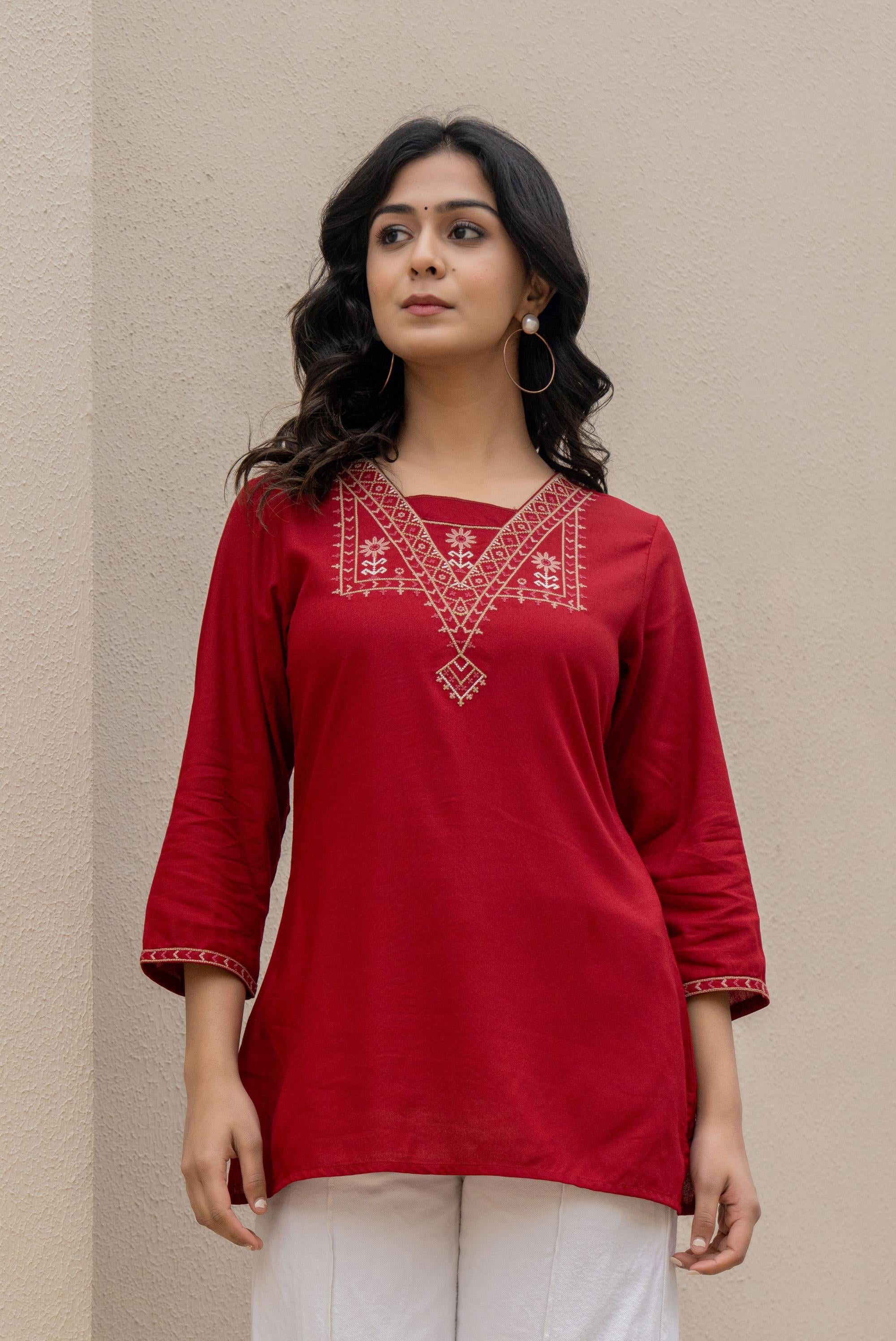 Maroon Solid  Viscose Tunic With Thread Work