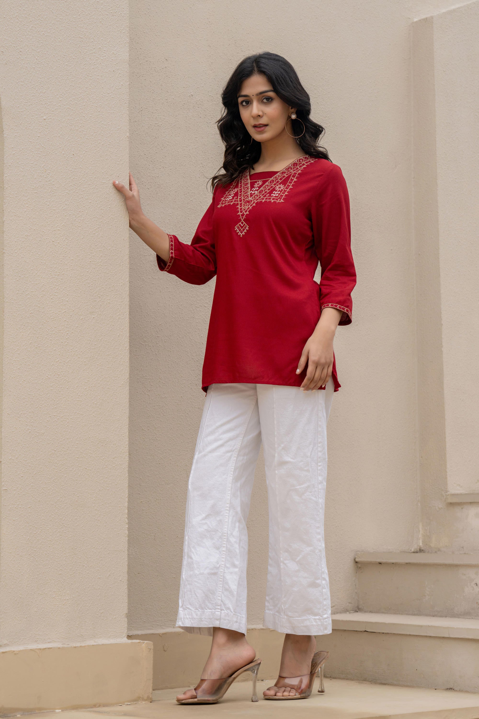 Maroon Solid  Viscose Tunic With Thread Work
