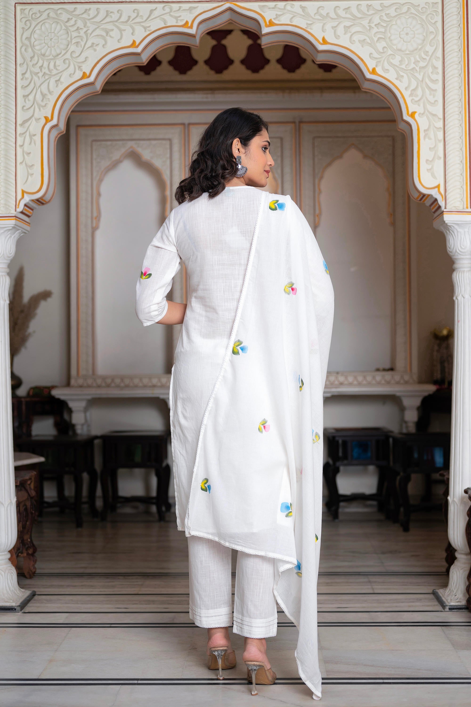 White Hand-Painted Floral Cotton Kurta with Palazzo & Lace Details