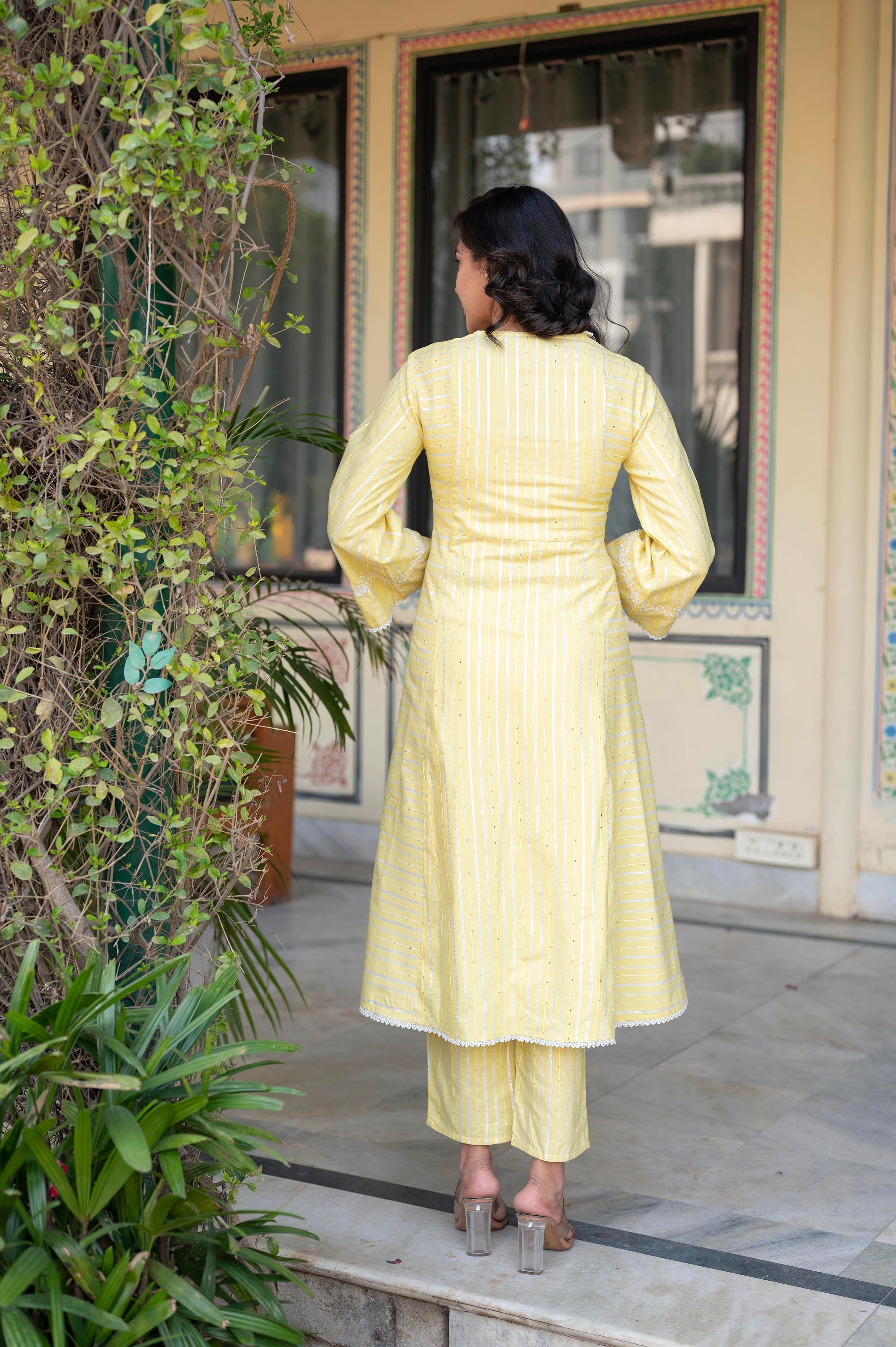 Mustard Brocade Embroidered Kurta-Palazzo & Dupatta Set with Thread Work, Cotton Lace & Sequins