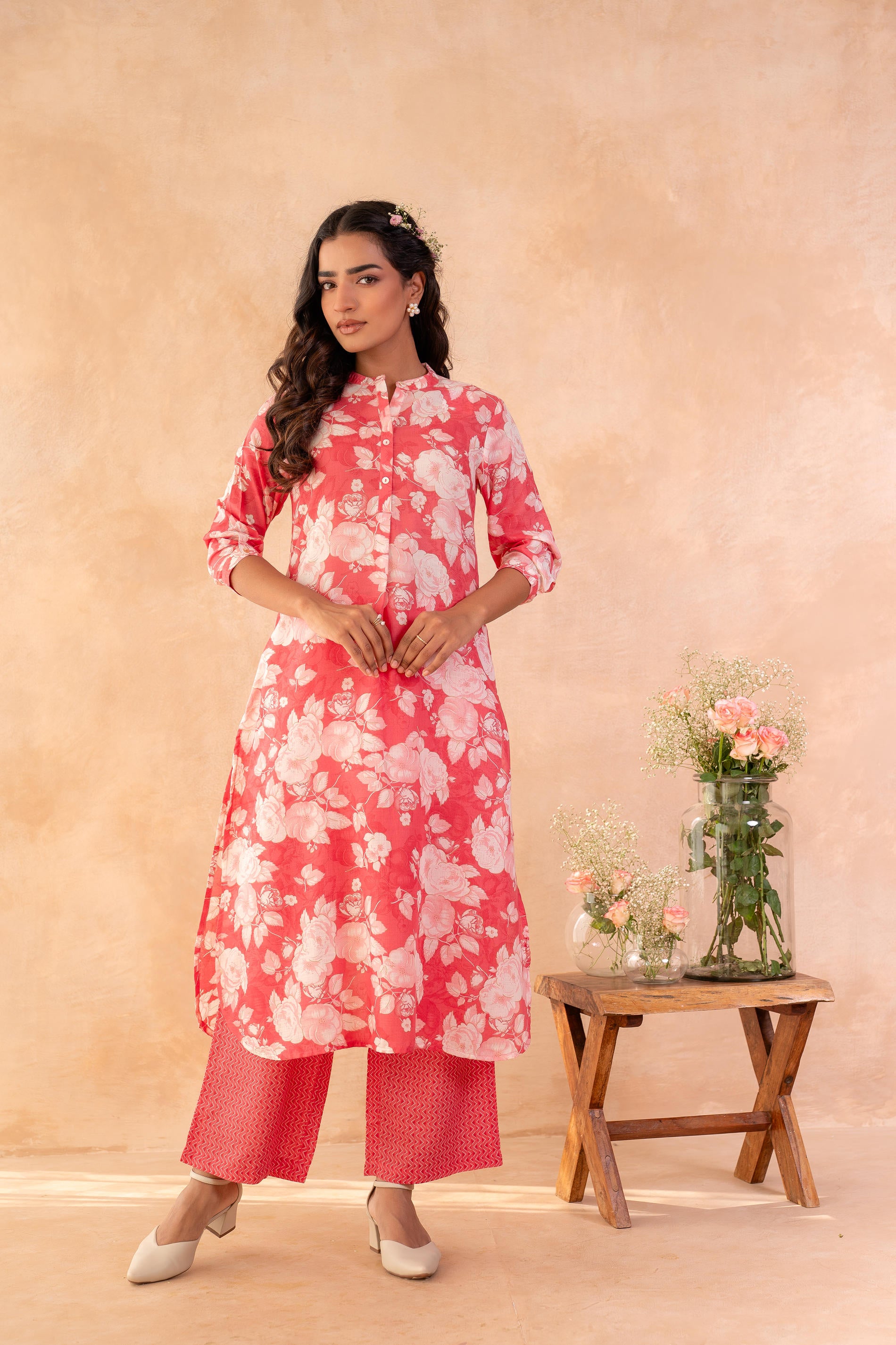Red Bloom Floral Kurta And Pant Set