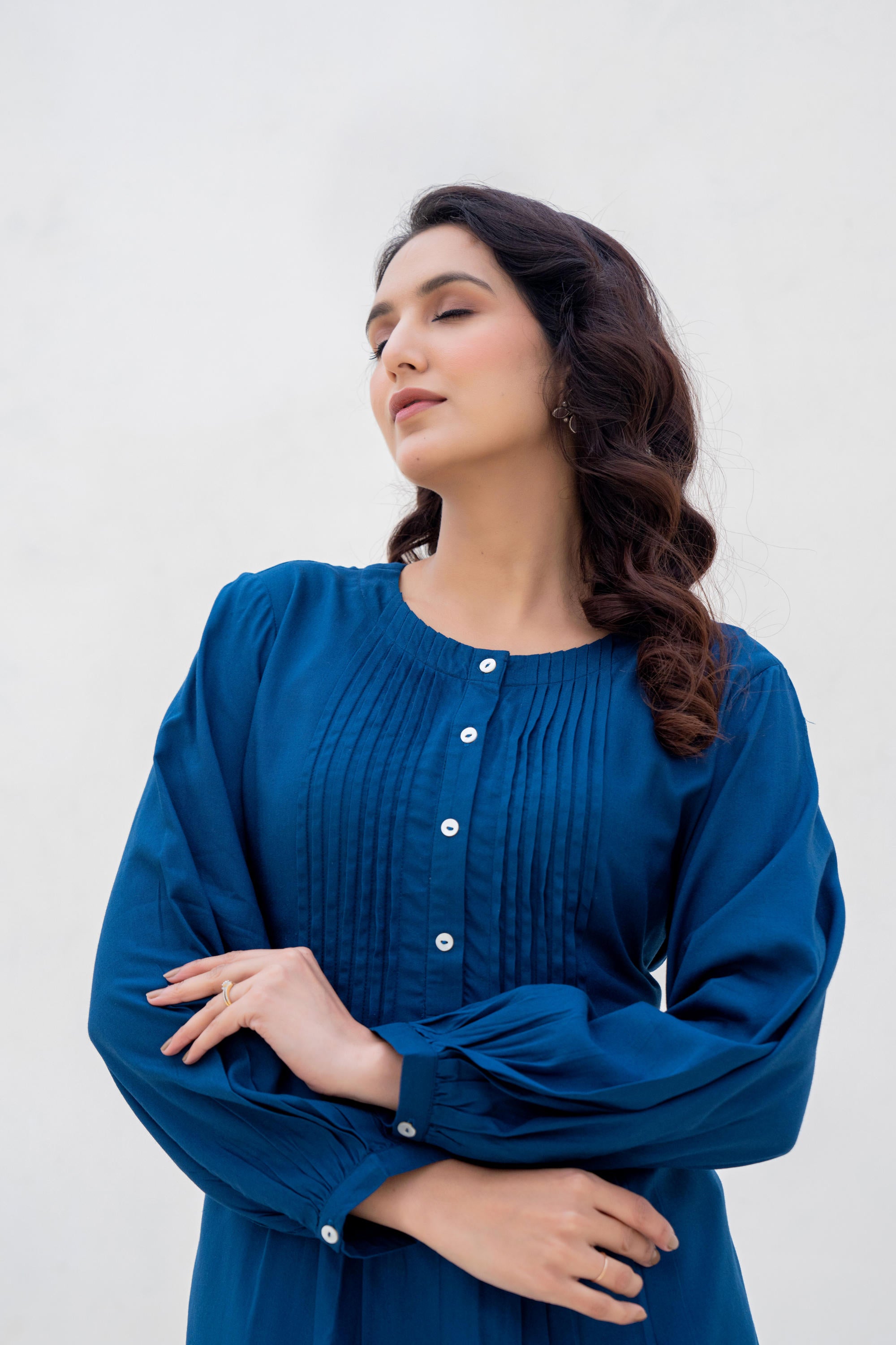 Navy Solid Viscose Tunic With Buttons & Lace