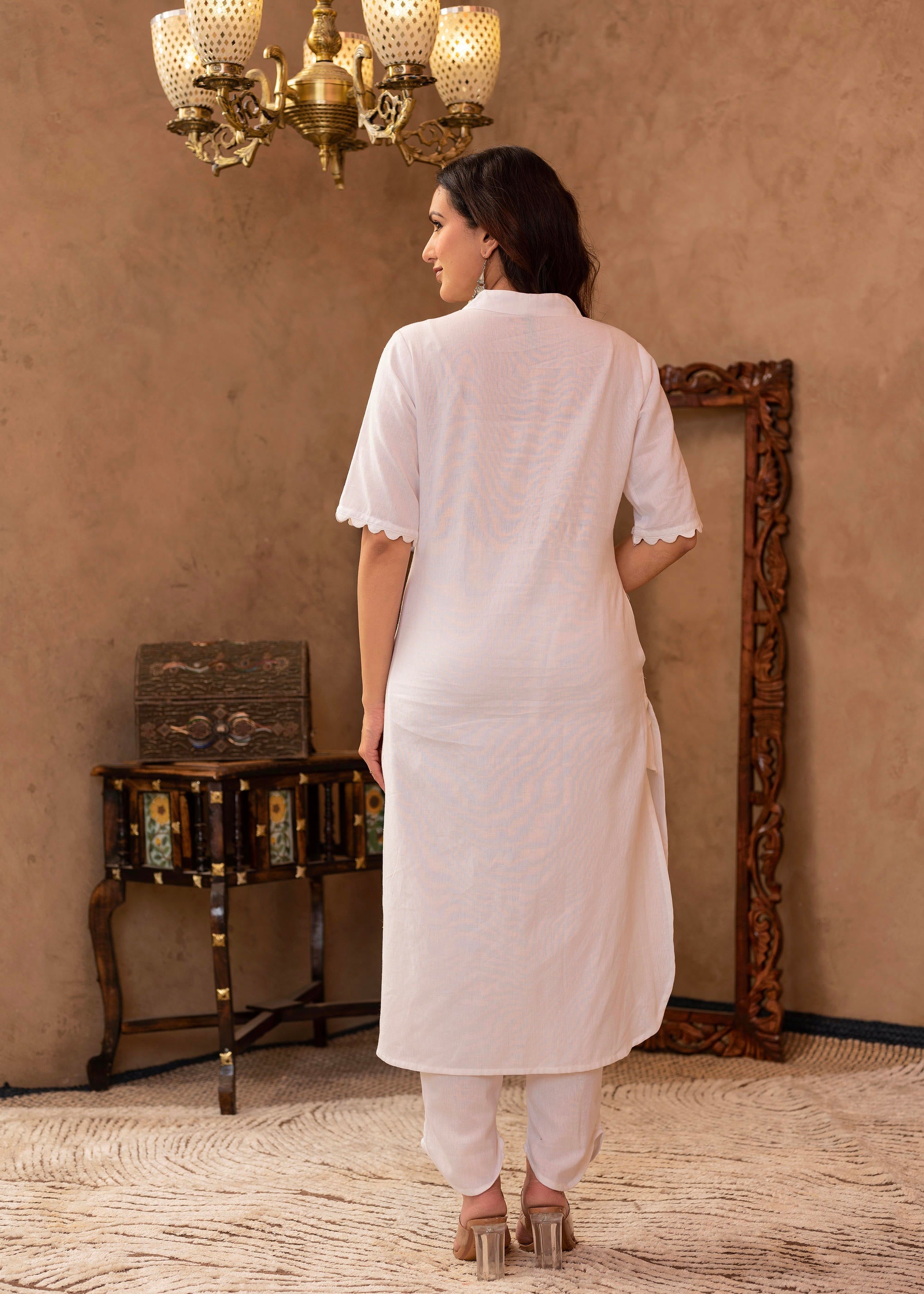 White Cotton Linen Pleated Kurta-Pant Set with Cotton Lace Detailing