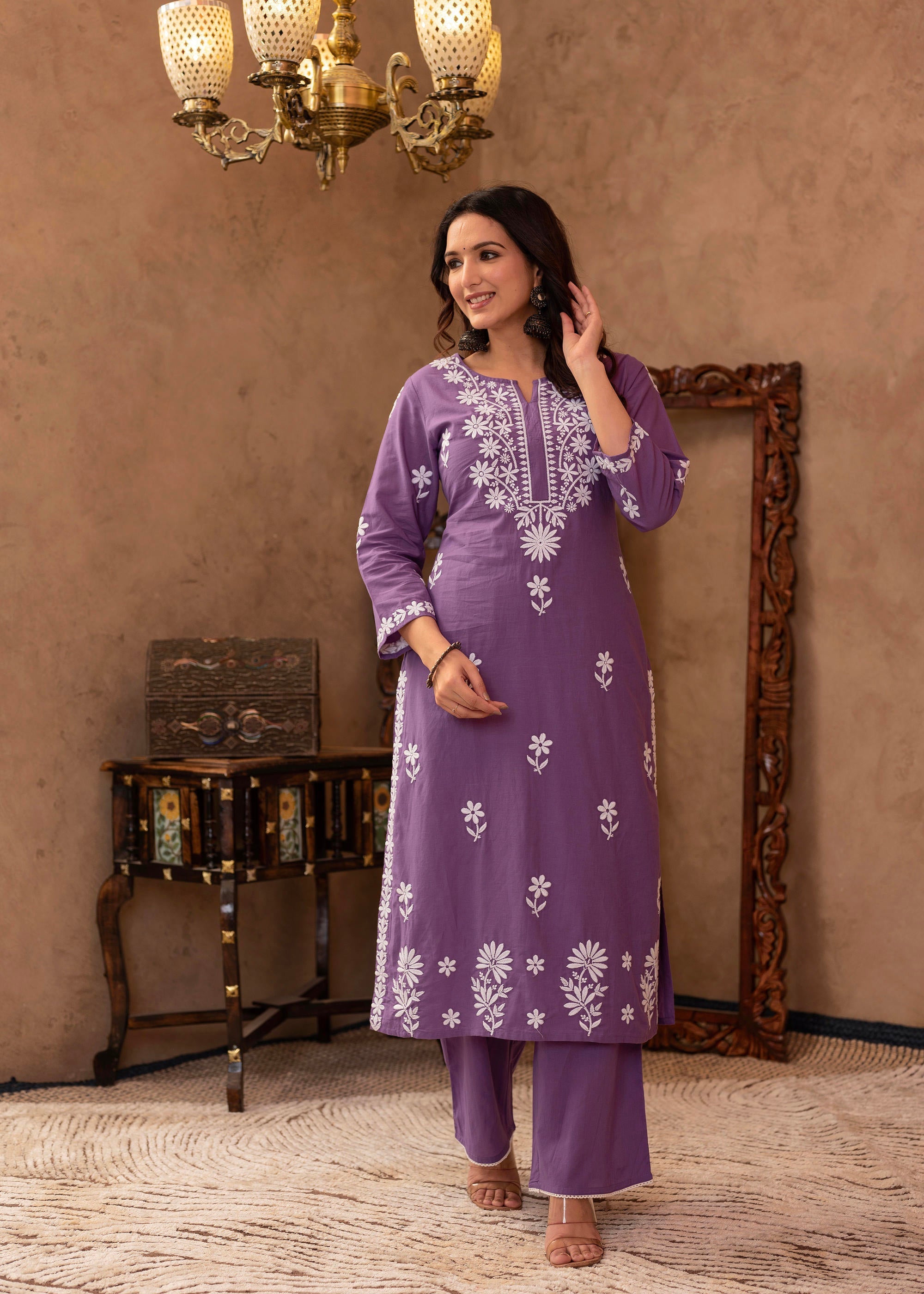 Purple Embroidered Cotton Kurta with Palazzo